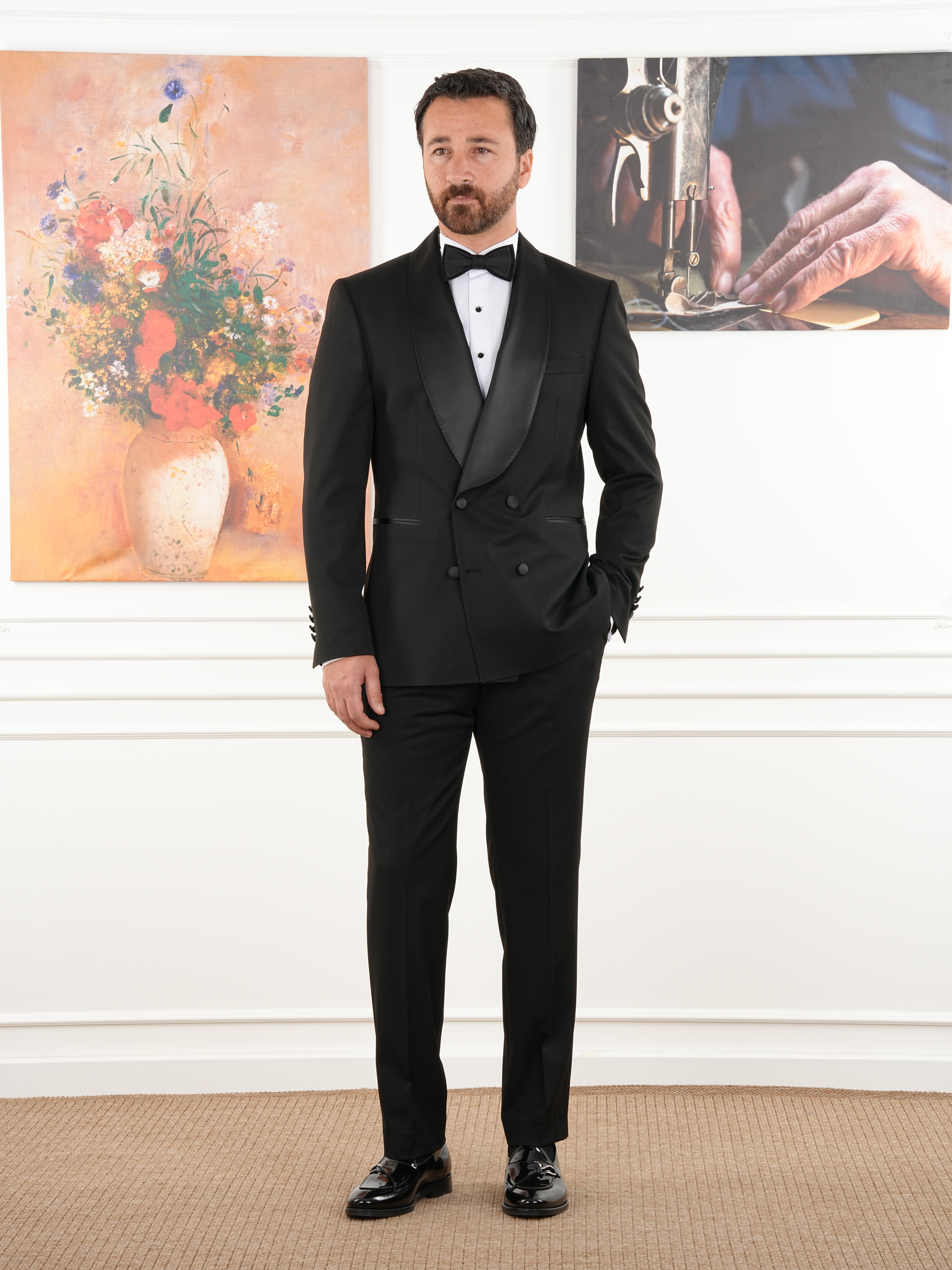 Premium Erkek Slim Fit İtalyan Stil Kruvaze Smokin Puntolu Şal Yaka Damatlık Ceket Pantolon Papyon - Siyah