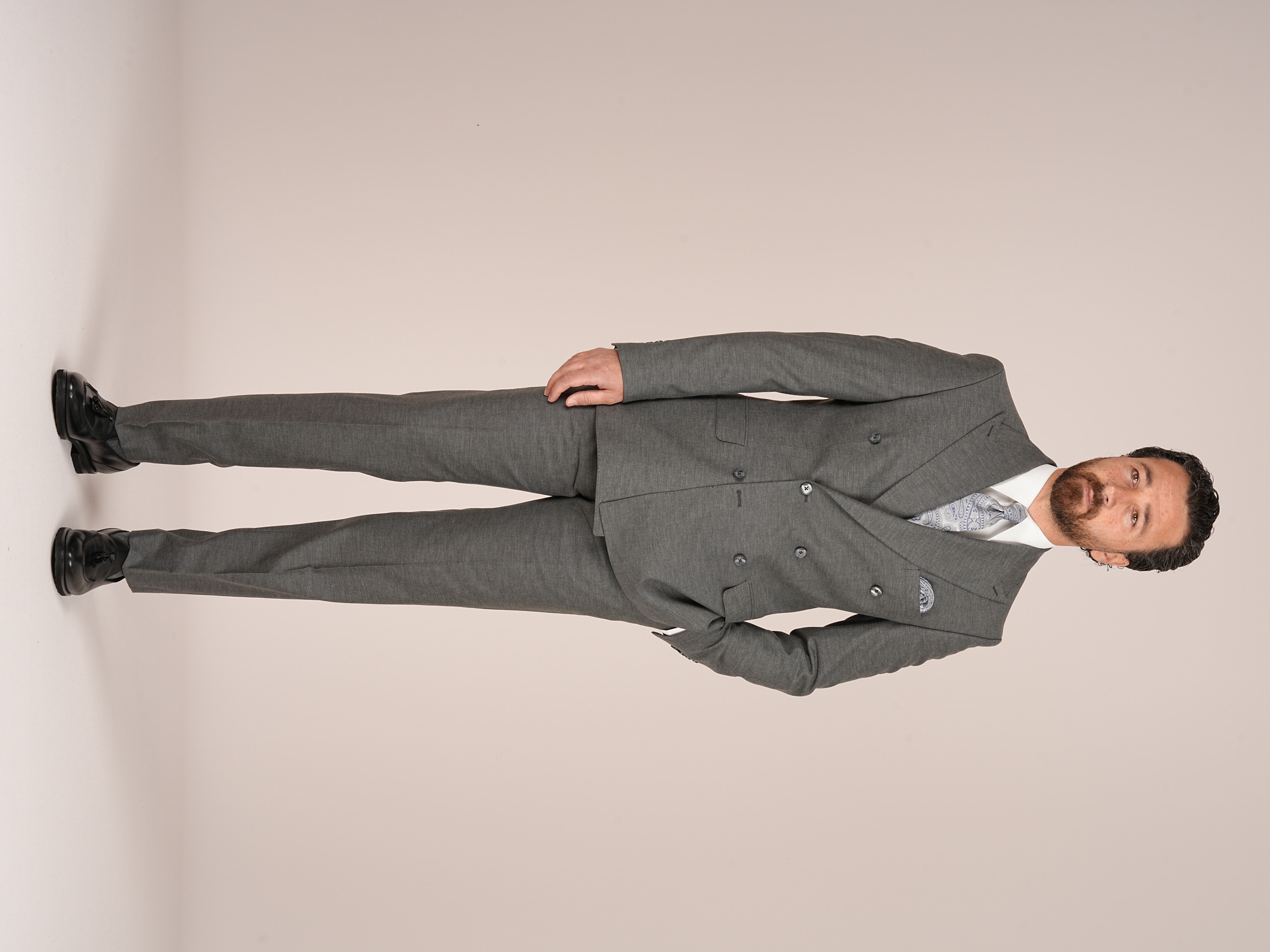 Premium Mens Wool-Blend Double-Breasted italian Slim-Fit Suit Jacket & Trousers - Grey