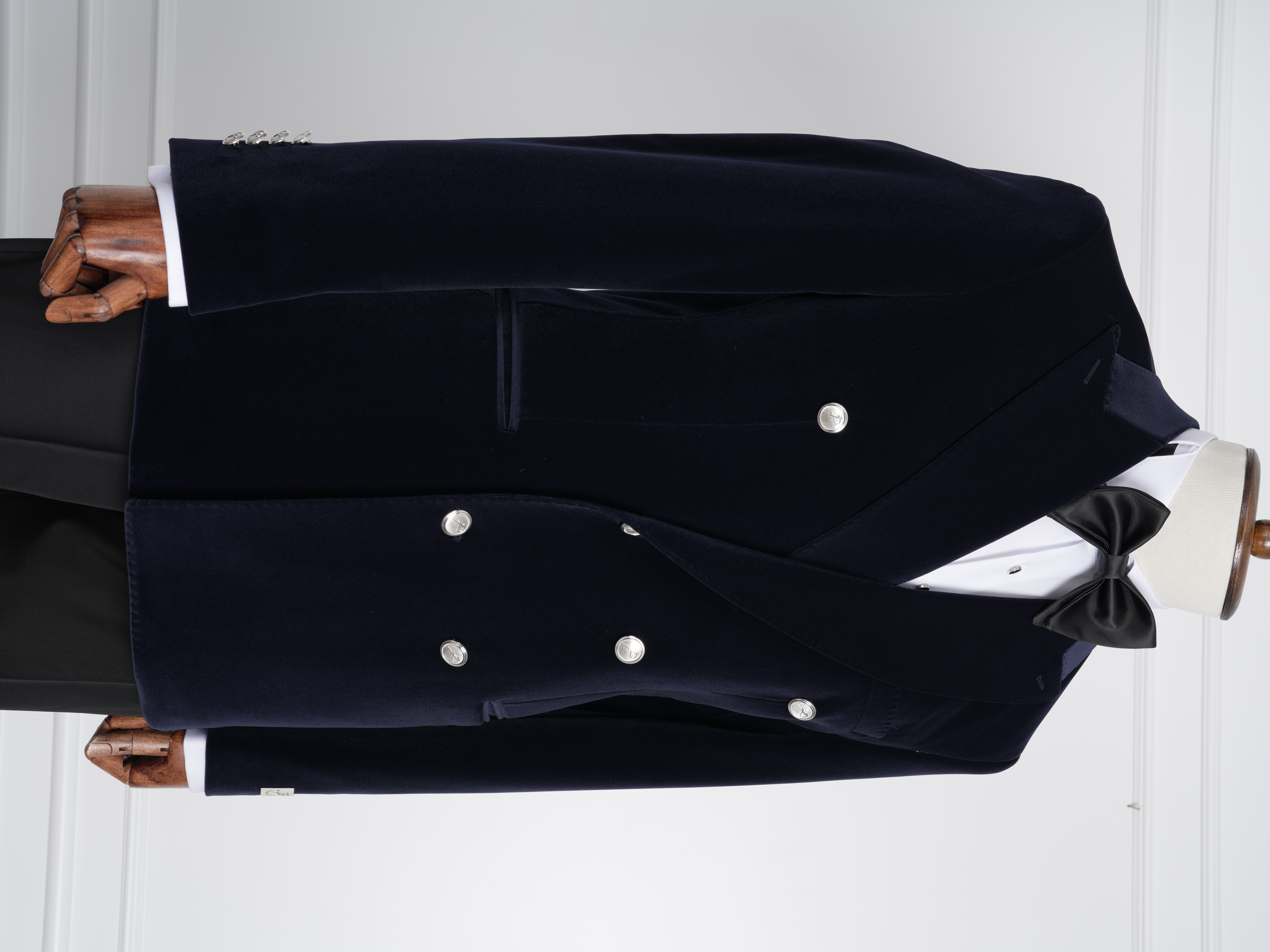 Premium Erkek Kadife Kruvaze Smokin Damatlık Metal Düğme Punto Dikişli Ceket Pantolon Papyon - Lacivert