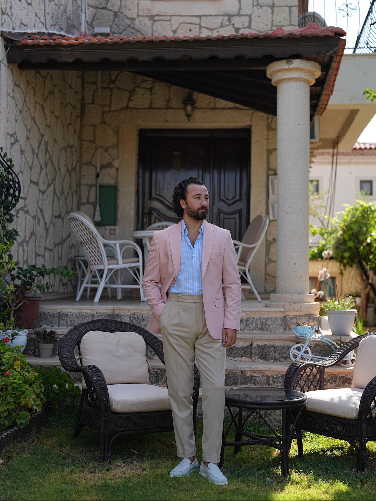 Erkek Premium İtalyan Stil Slim Fit Erkek Punto Dikişli Torba Cepli Yarım Astarlı Ceket - Pembe