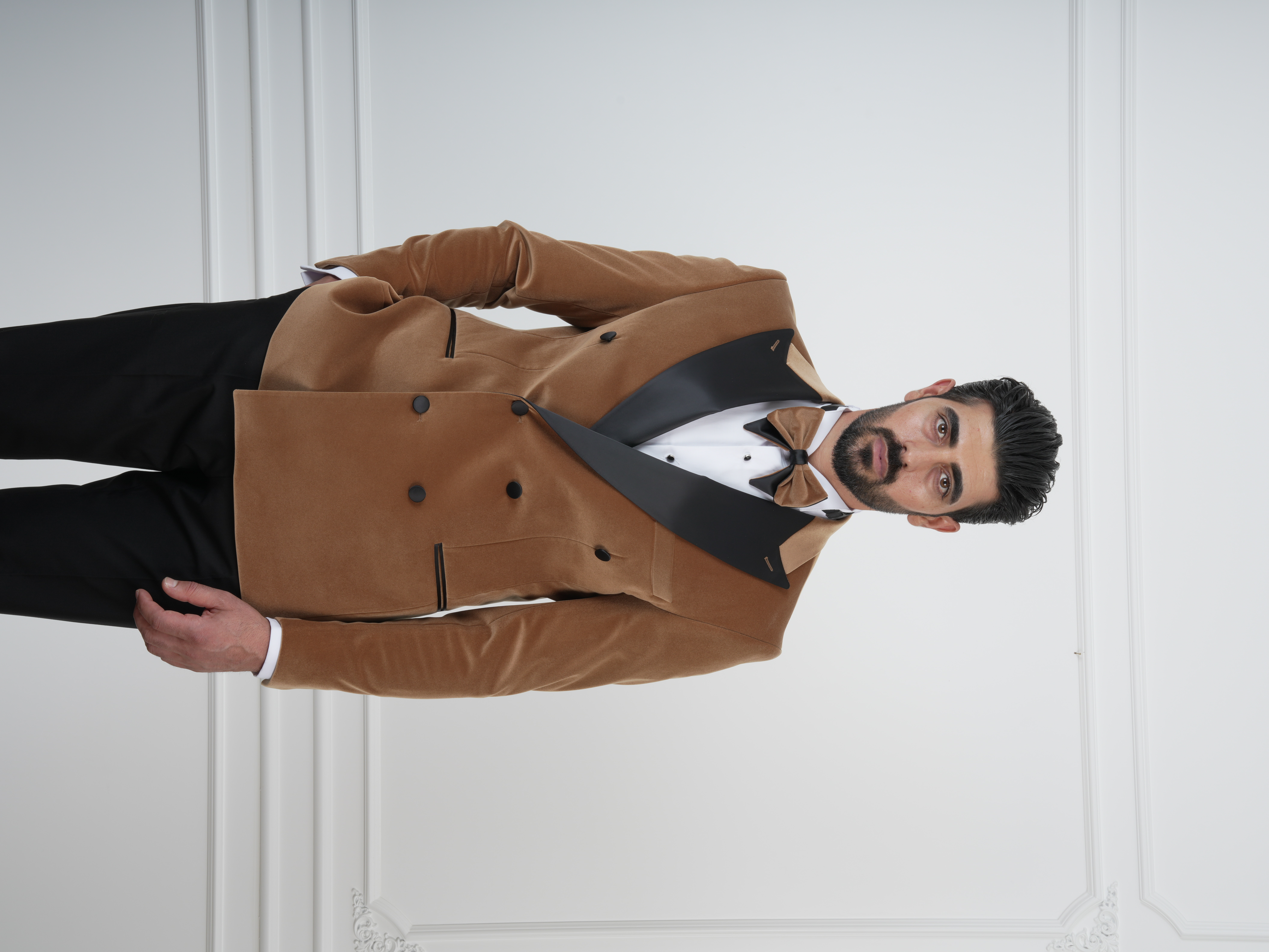 Erkek Premium Kadife Kruvaze Smokin Damatlık İtalyan Stil  Ceket Pantolon Papyon - Krem