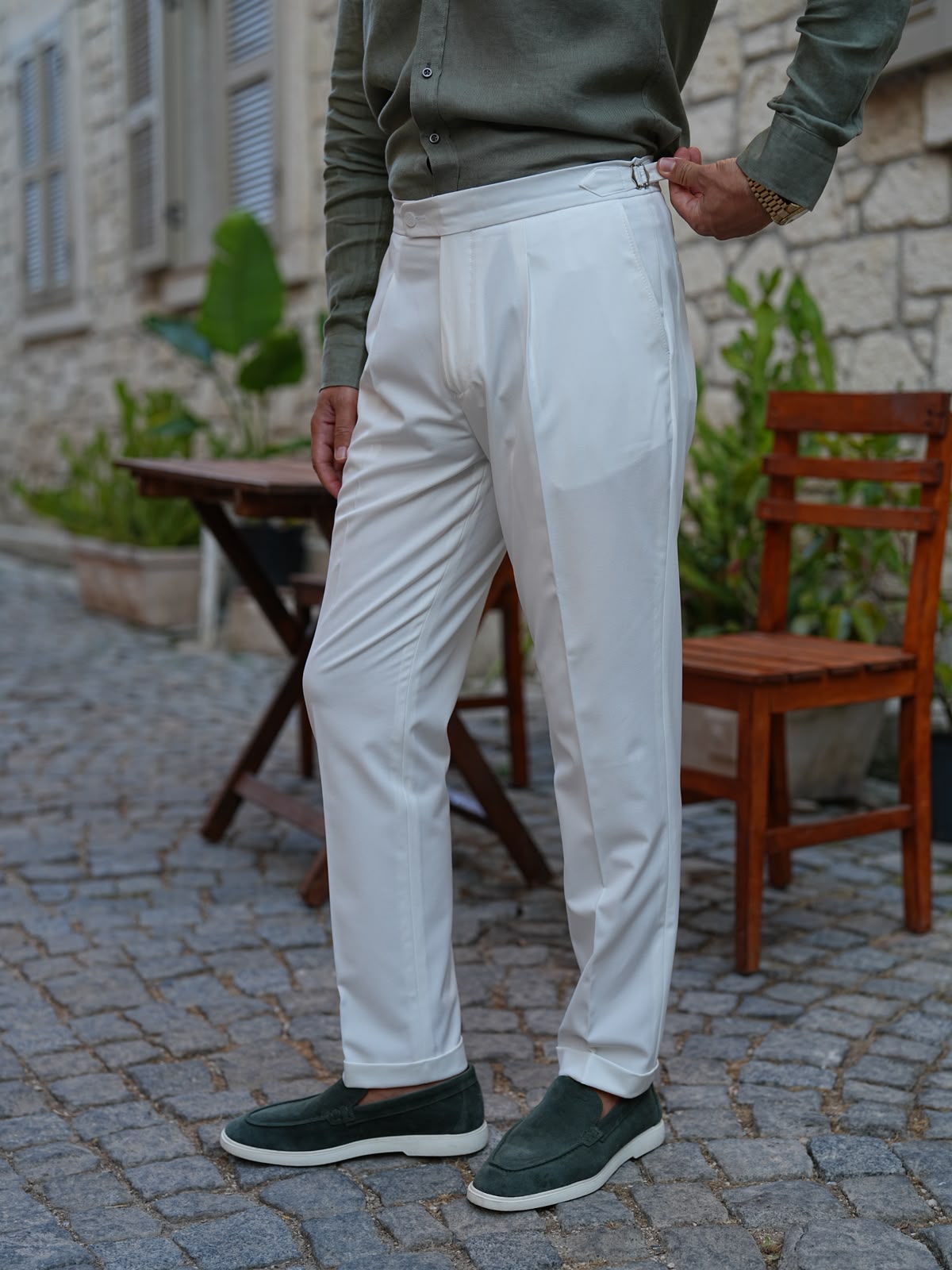 İtalyan Stil Regular Erkek Yüksek Bel Tokalı Pantolon - Beyaz