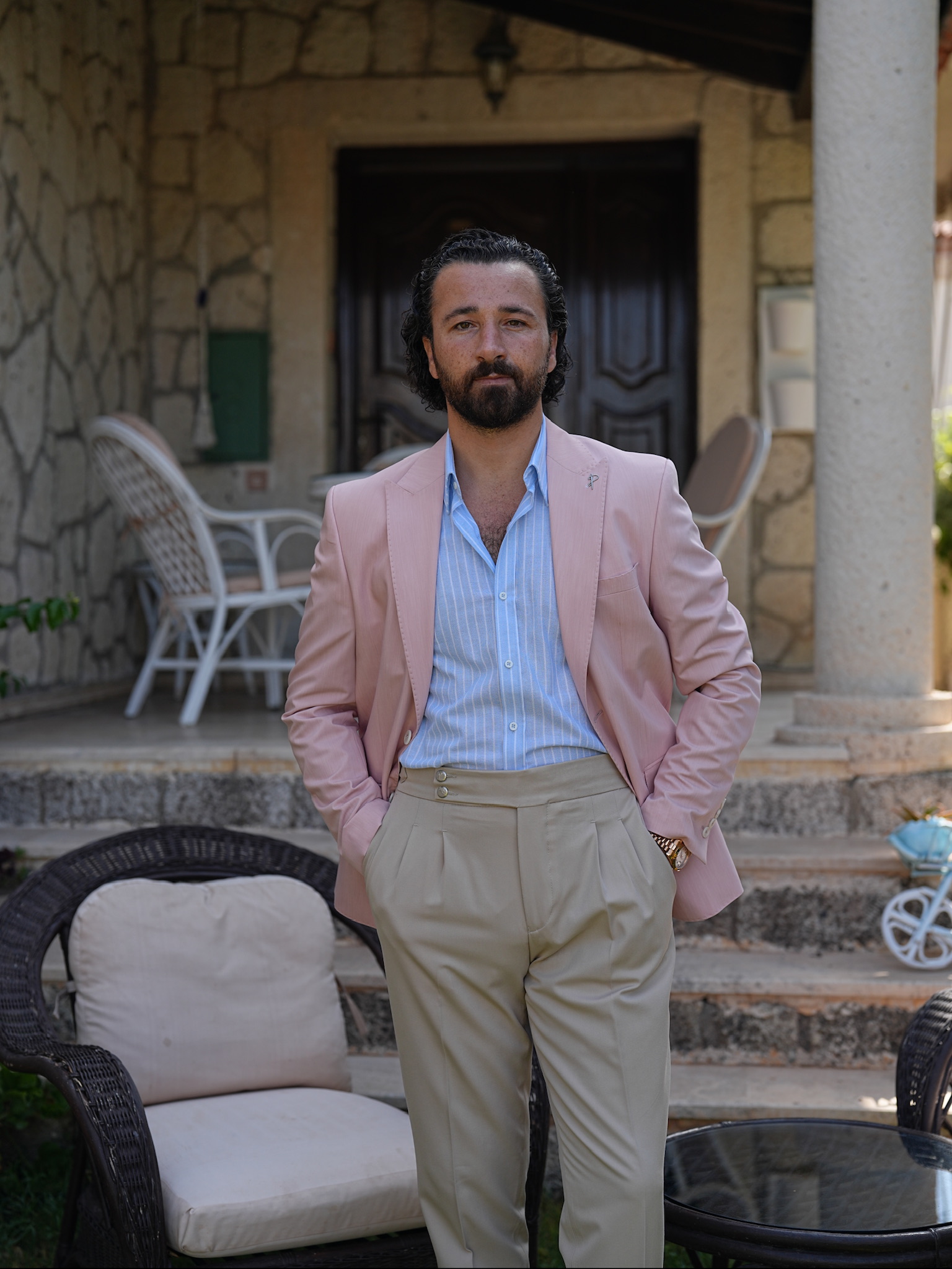 Erkek Premium İtalyan Stil Slim Fit Erkek Punto Dikişli Torba Cepli Yarım Astarlı Ceket - Pembe