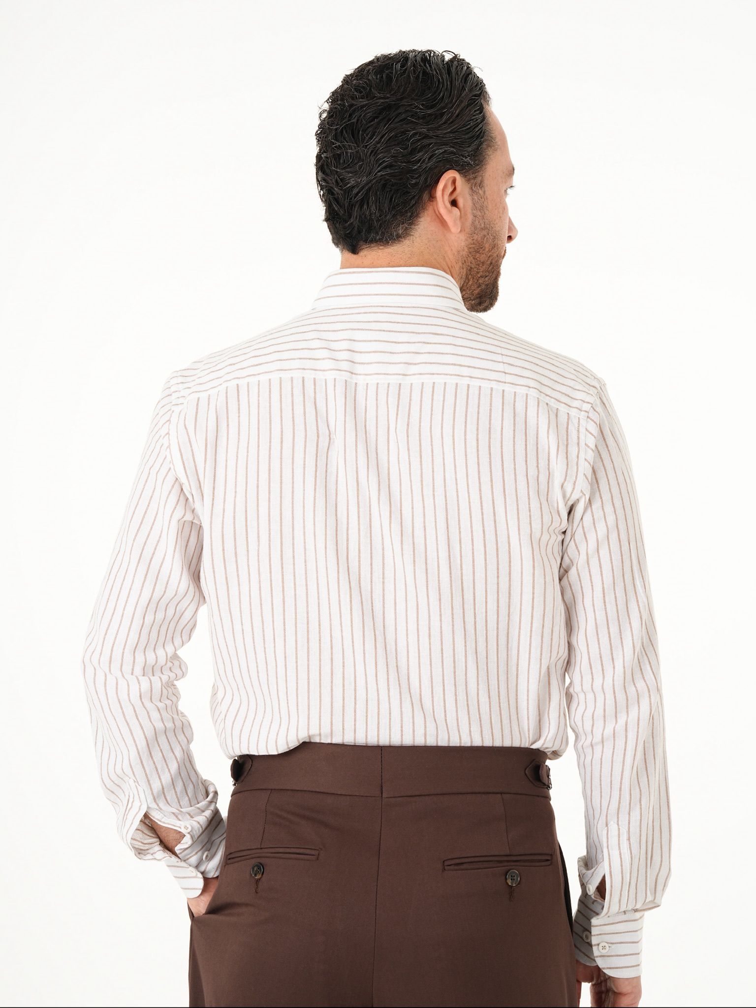 Erkek Premium Regular Fit Çizgili Keten Gömlek - Kahve