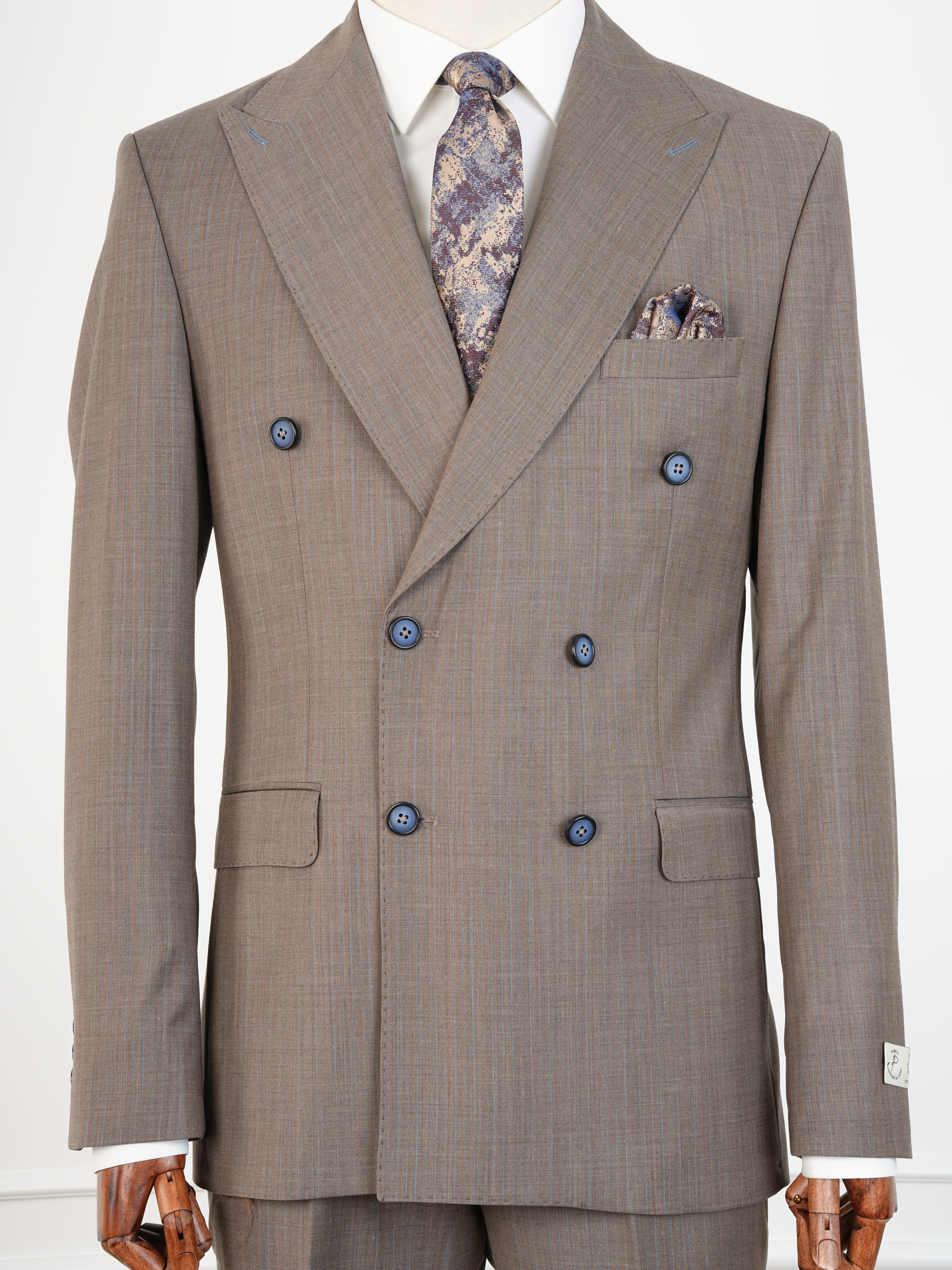 Yünlü Kruvaze Takım Elbise Slim Fit İtalyan Stil Ceket Pantolon - Sütlü Kahve