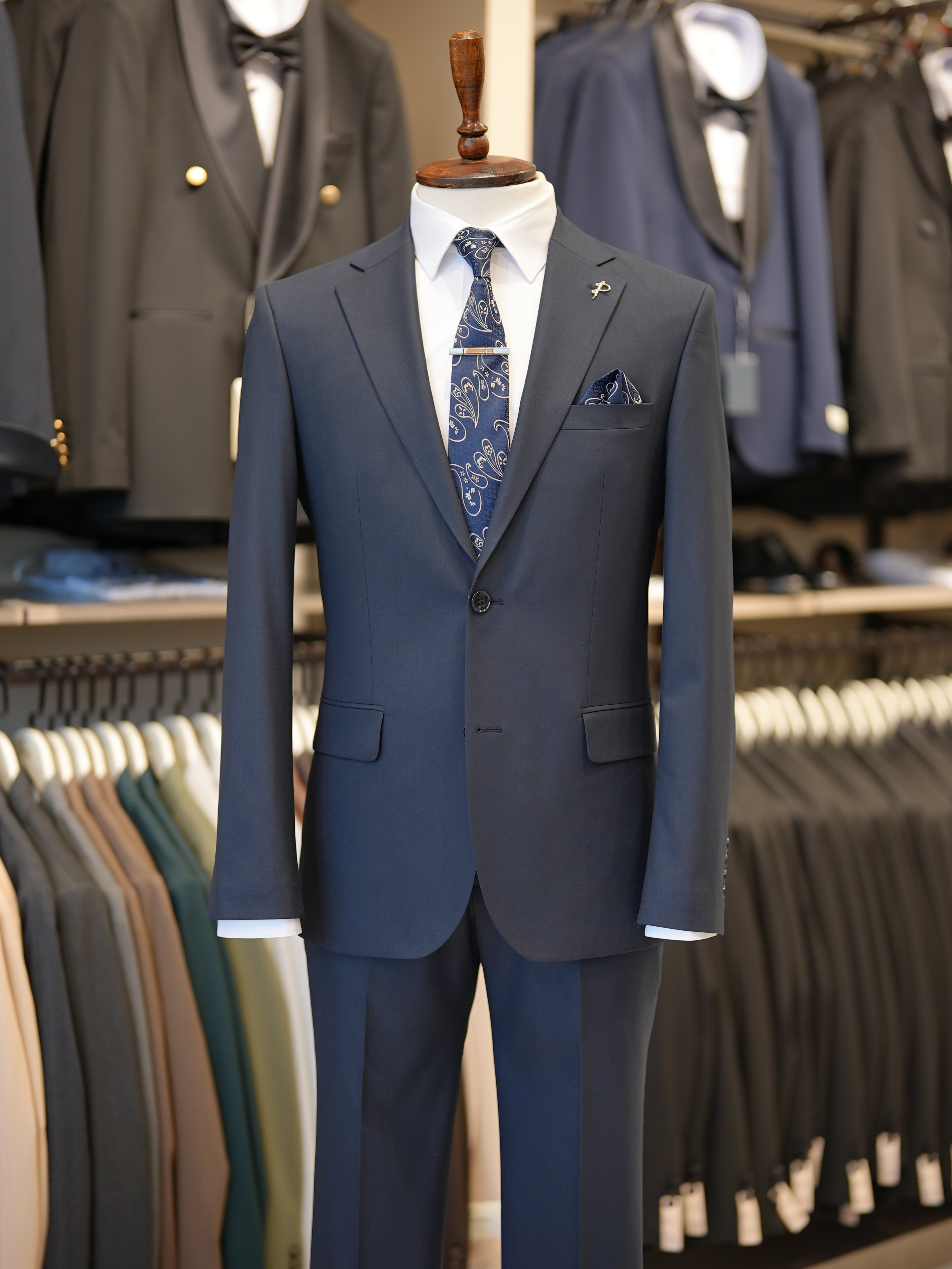 Erkek Slim Fit İtalyan Stil Mono Yaka  Kruvaze Takım Elbise - Ceket Pantolon - Lacivert