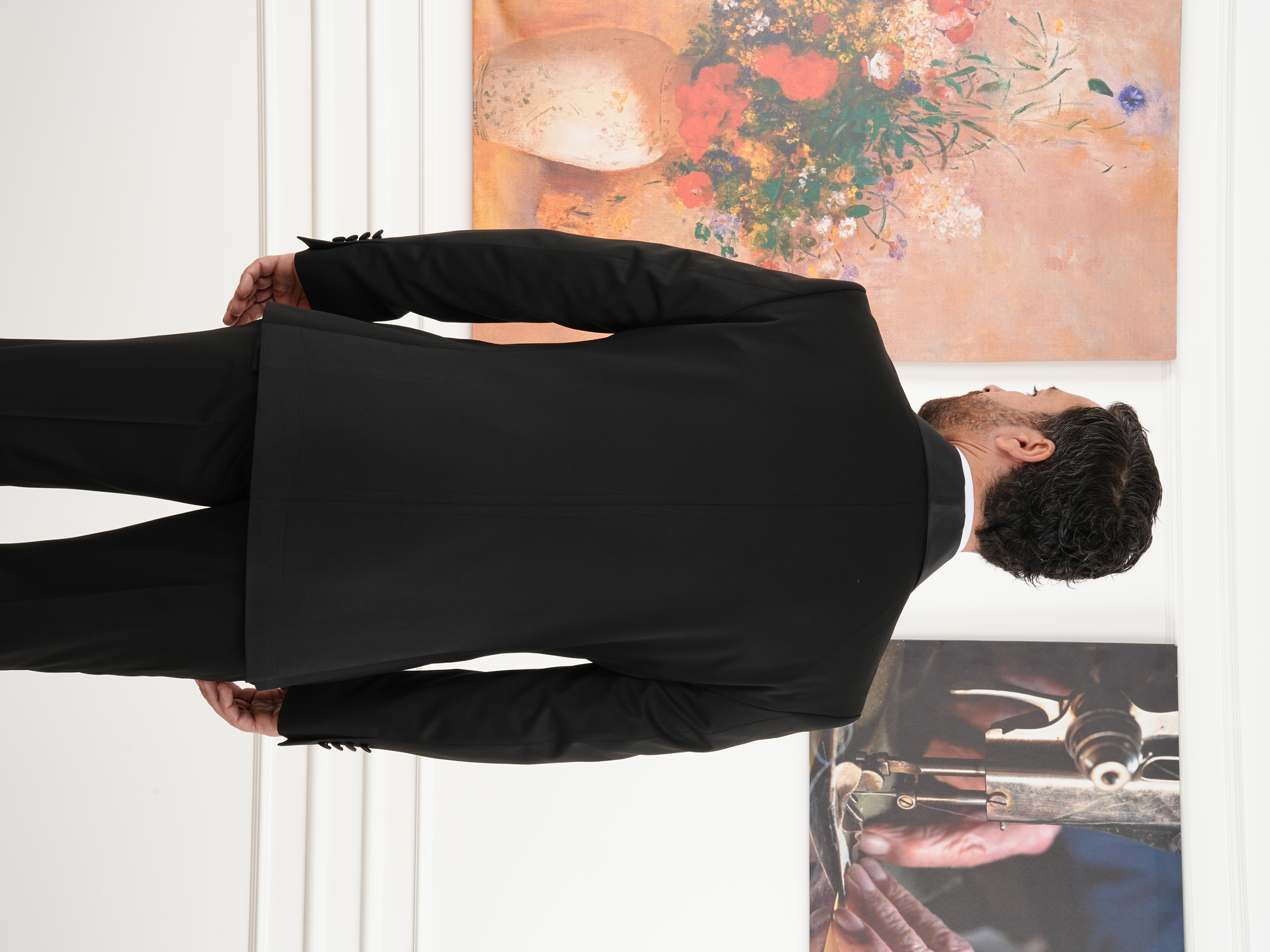 Erkek Premium Kruvaze Smokin Damatlık  Şal Yaka İtalyan Stil Ceket Pantolon Papyon - Siyah