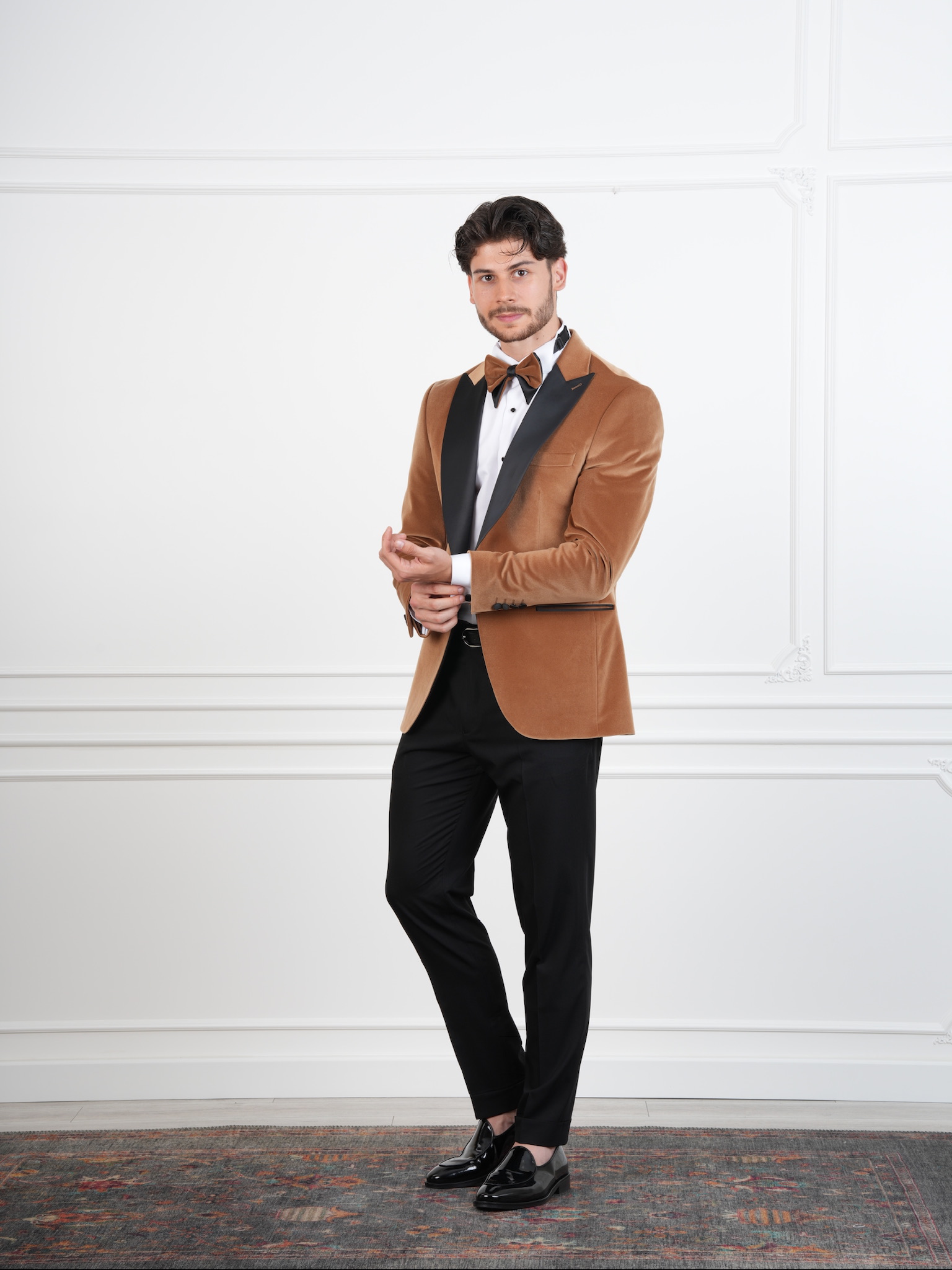 Erkek Premium Kadife Smokin Damatlık İtalyan Stil Slim Fit Ceket Pantolon Papyon - Krem