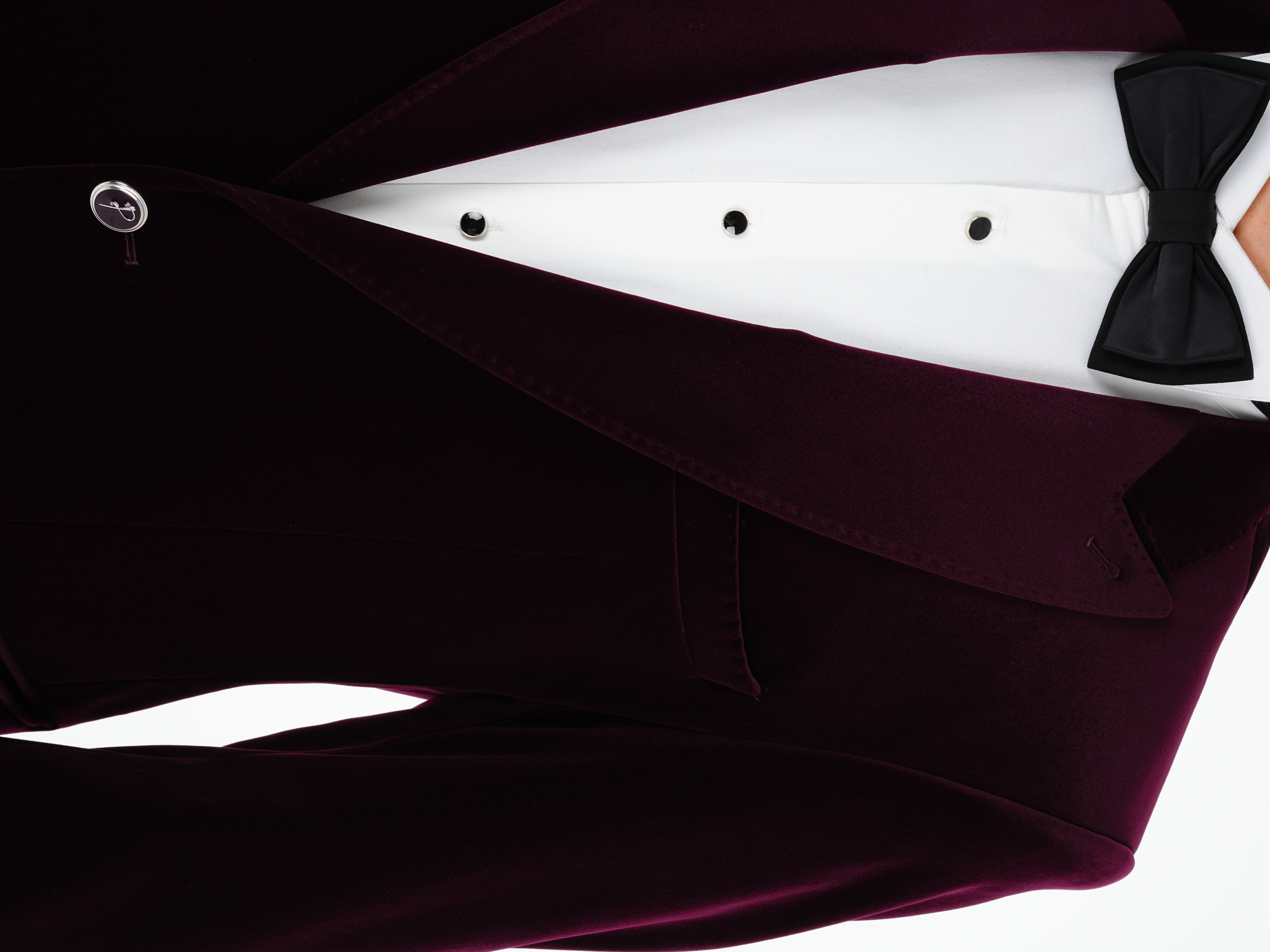 Premium Erkek Kadife Smokin Damatlık Gümüş Düğme Punto Dikişli Ceket Pantolon Papyon - Mor