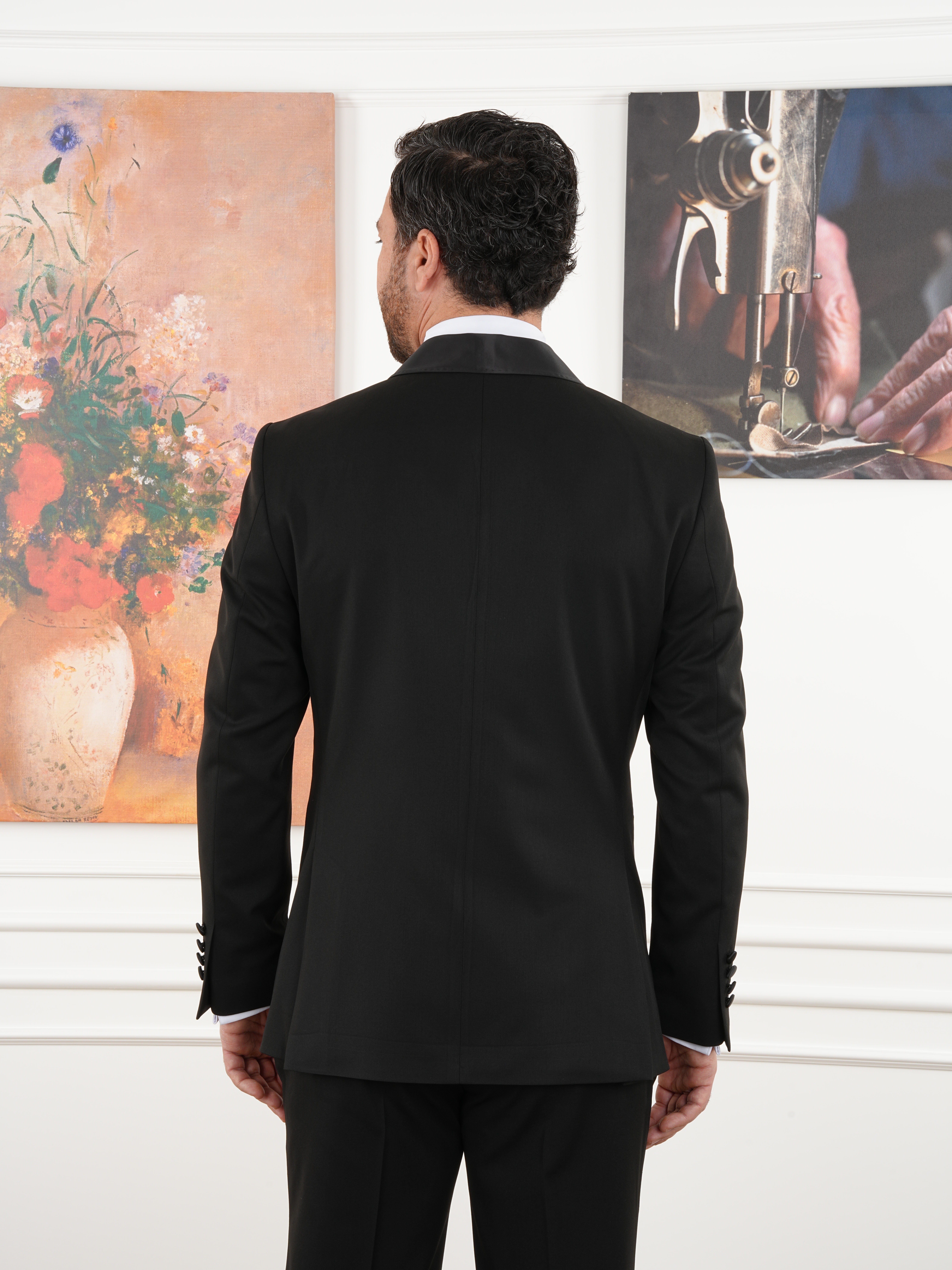 Premium Erkek Slim Fit İtalyan Stil Kruvaze Smokin Puntolu Şal Yaka Damatlık Ceket Pantolon Papyon - Siyah