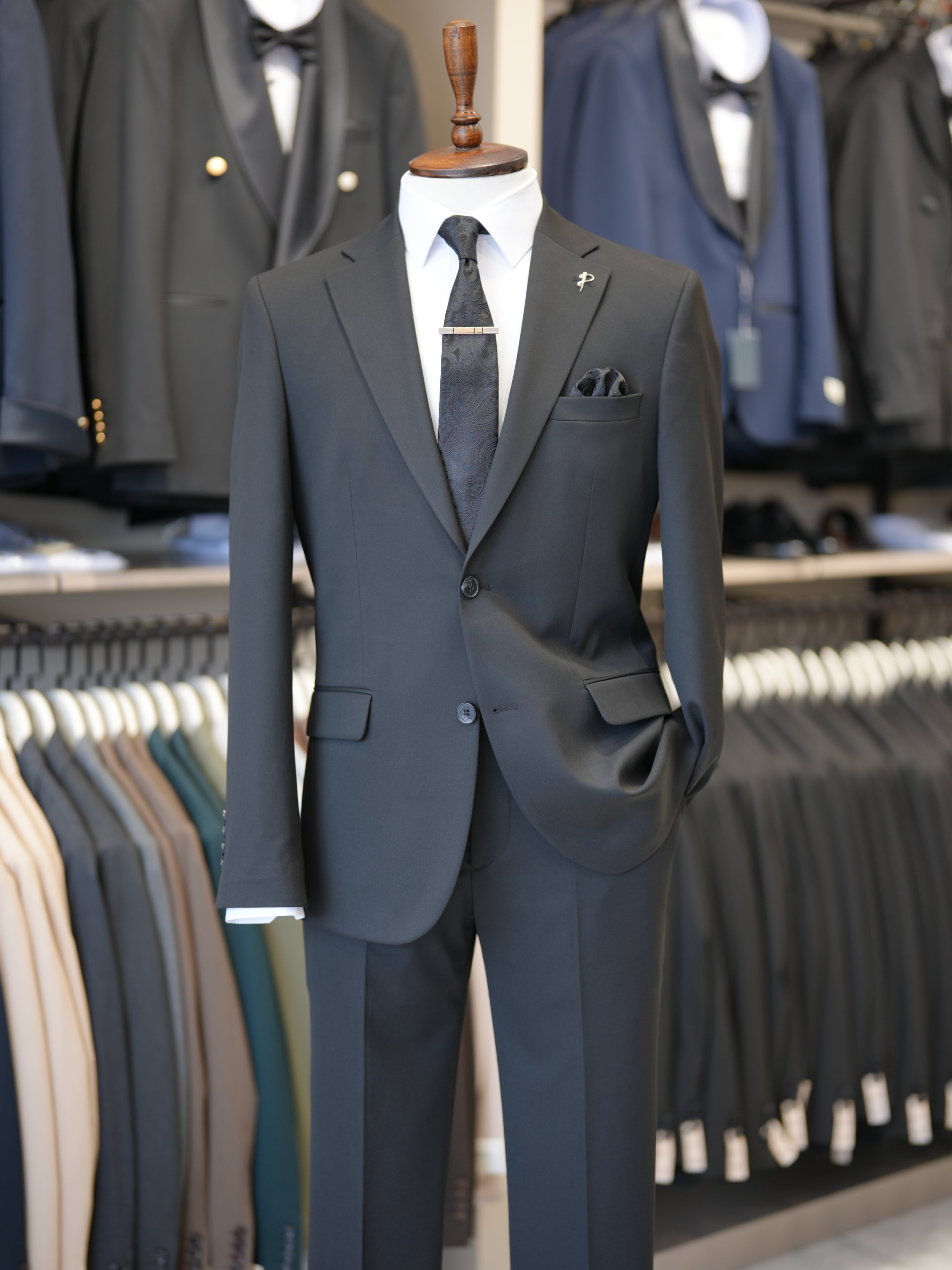 Erkek Slim Fit İtalyan Stil Mono Yaka  Kruvaze Takım Elbise - Ceket Pantolon - Siyah
