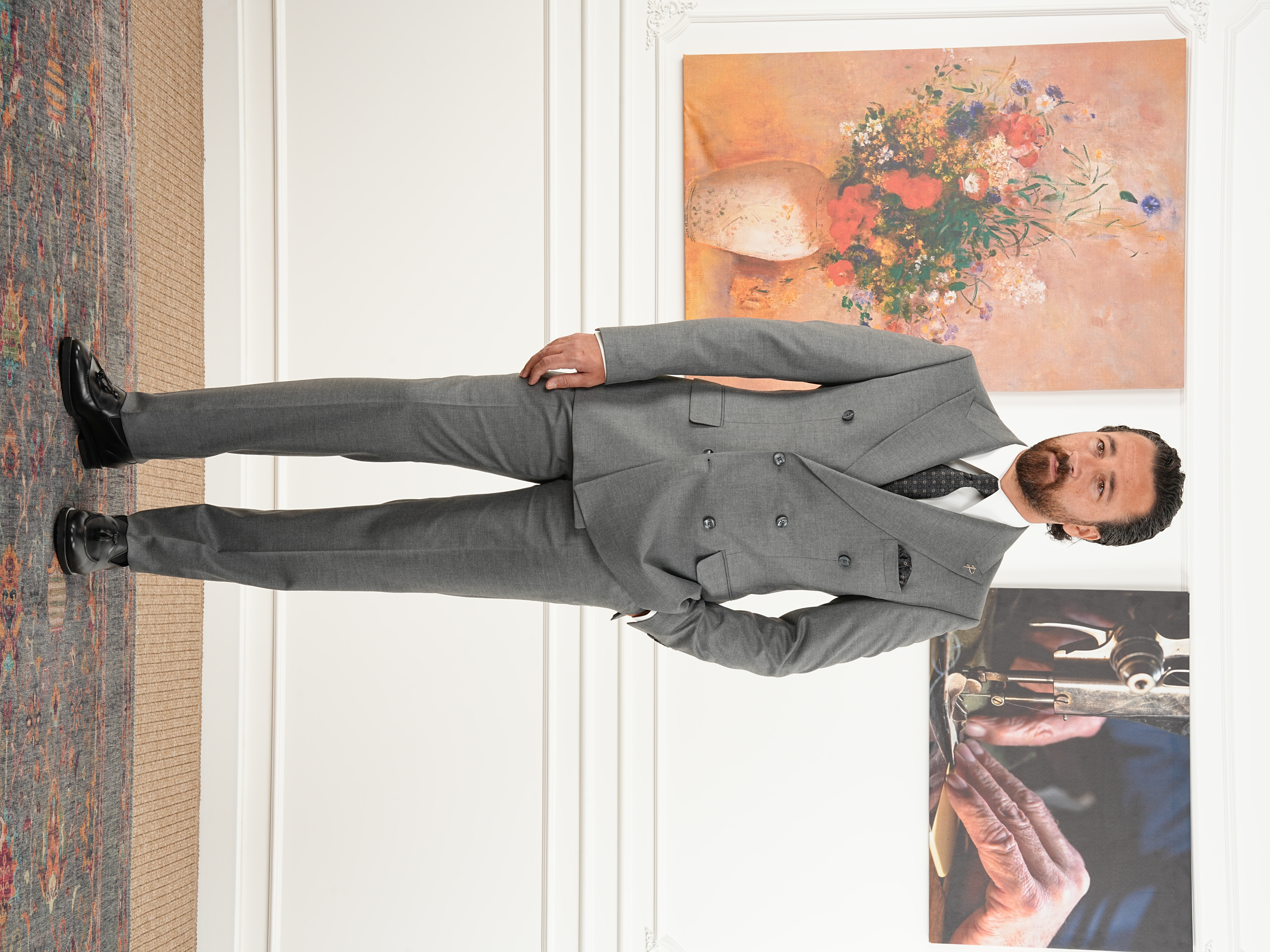 Erkek Slim Fit İtalyan Stil Kruvaze Takım Elbise Ceket Pantolon - Gri