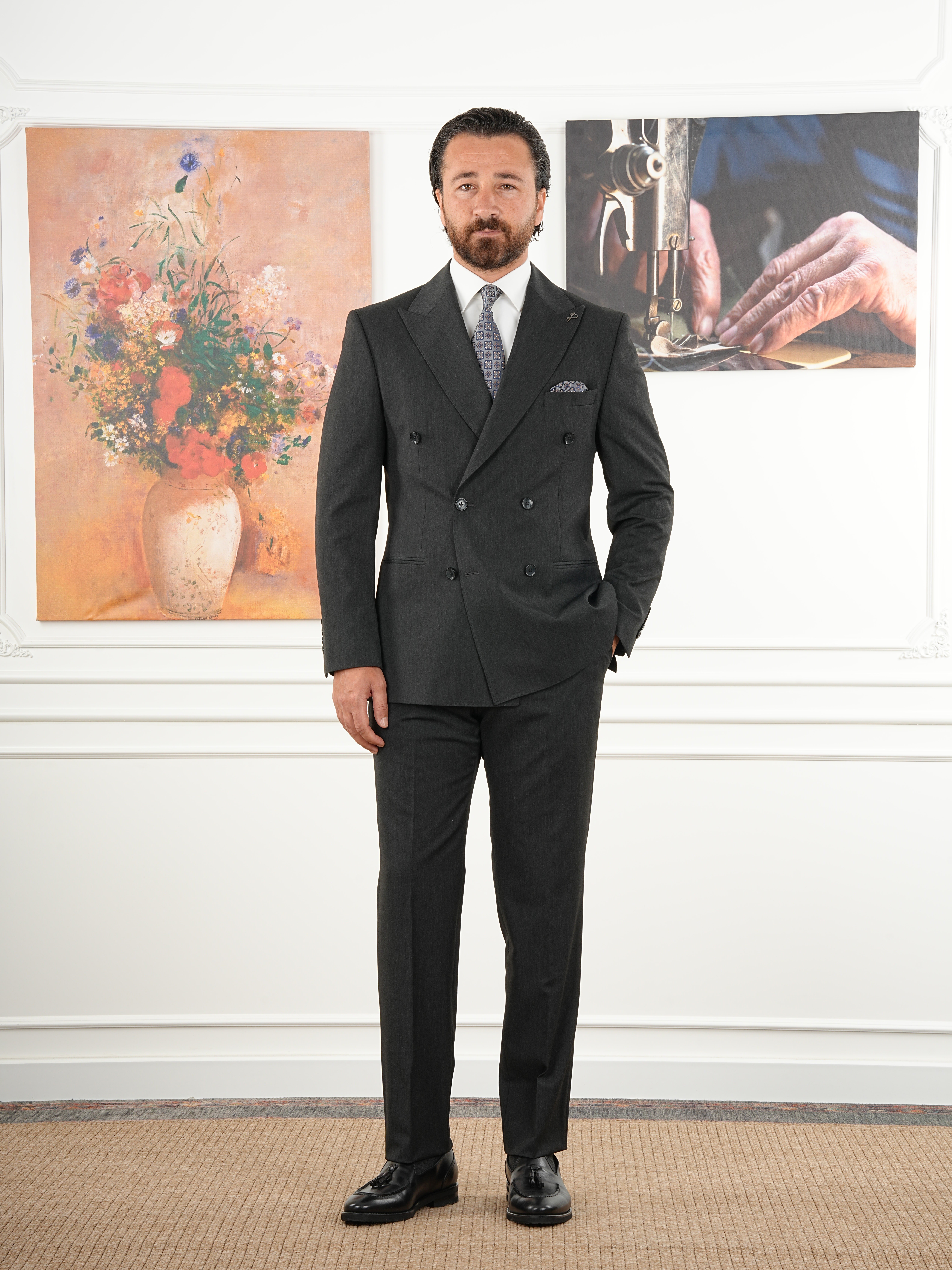 Erkek Slim Fit İtalyan Stil Kruvaze Takım Elbise Ceket Pantolon - Antrasit