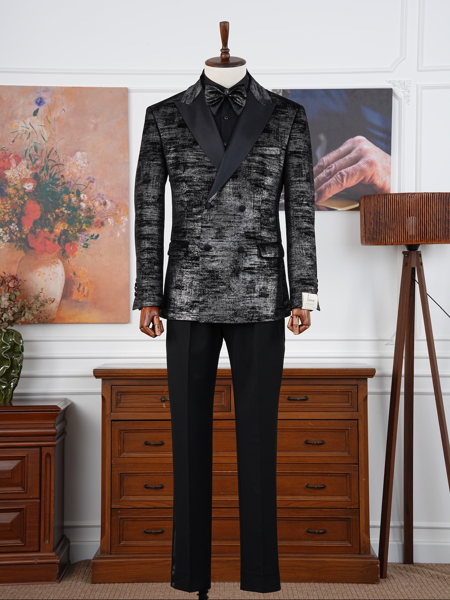 Premium Erkek Slim Fit İtalyan Stil Desenli Kruvaze Smokin Damatlık - Siyah