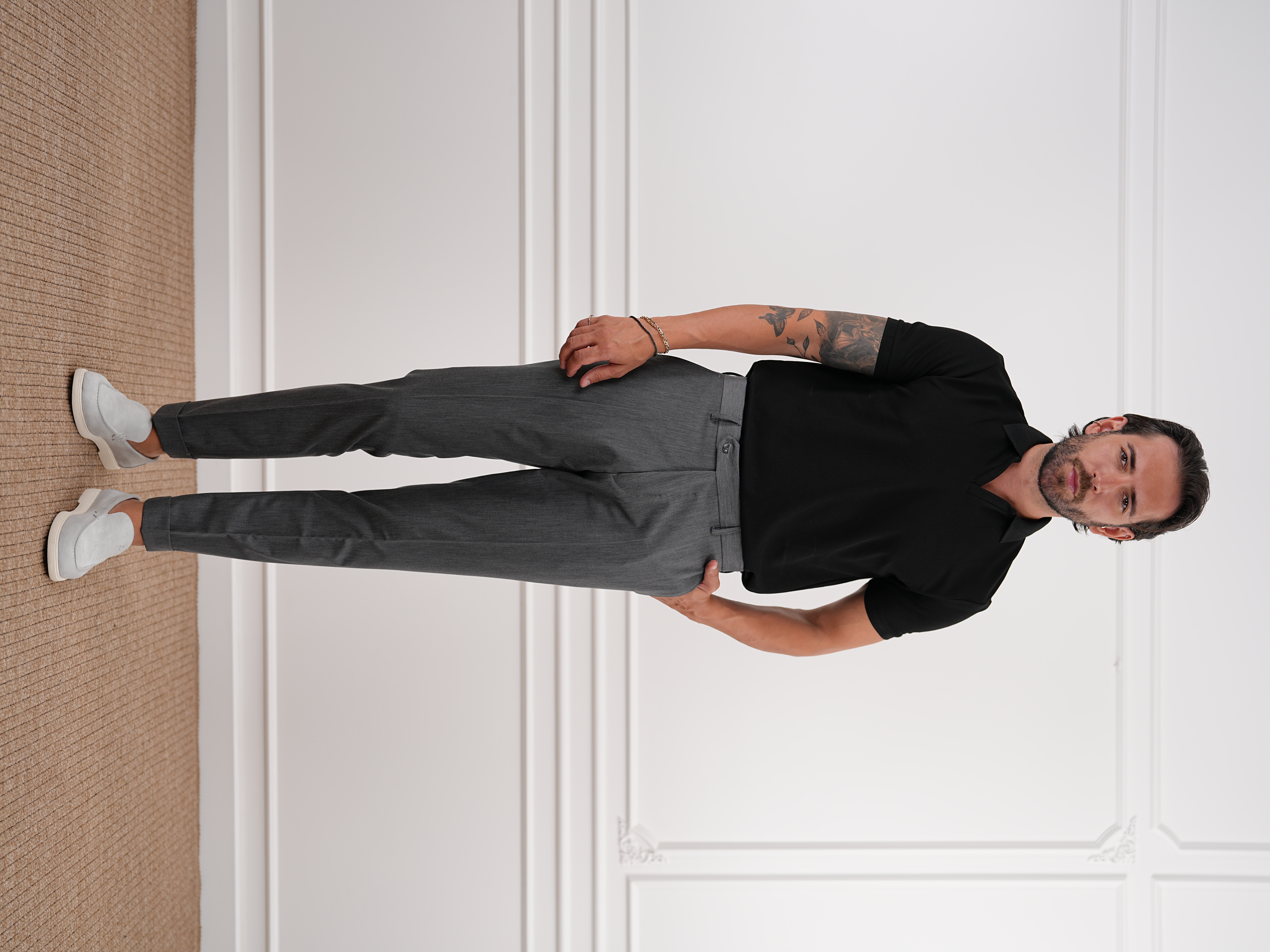 Erkek Slim Fit Yüksek Bel Duble Paça Kumaş Pantolon-Füme