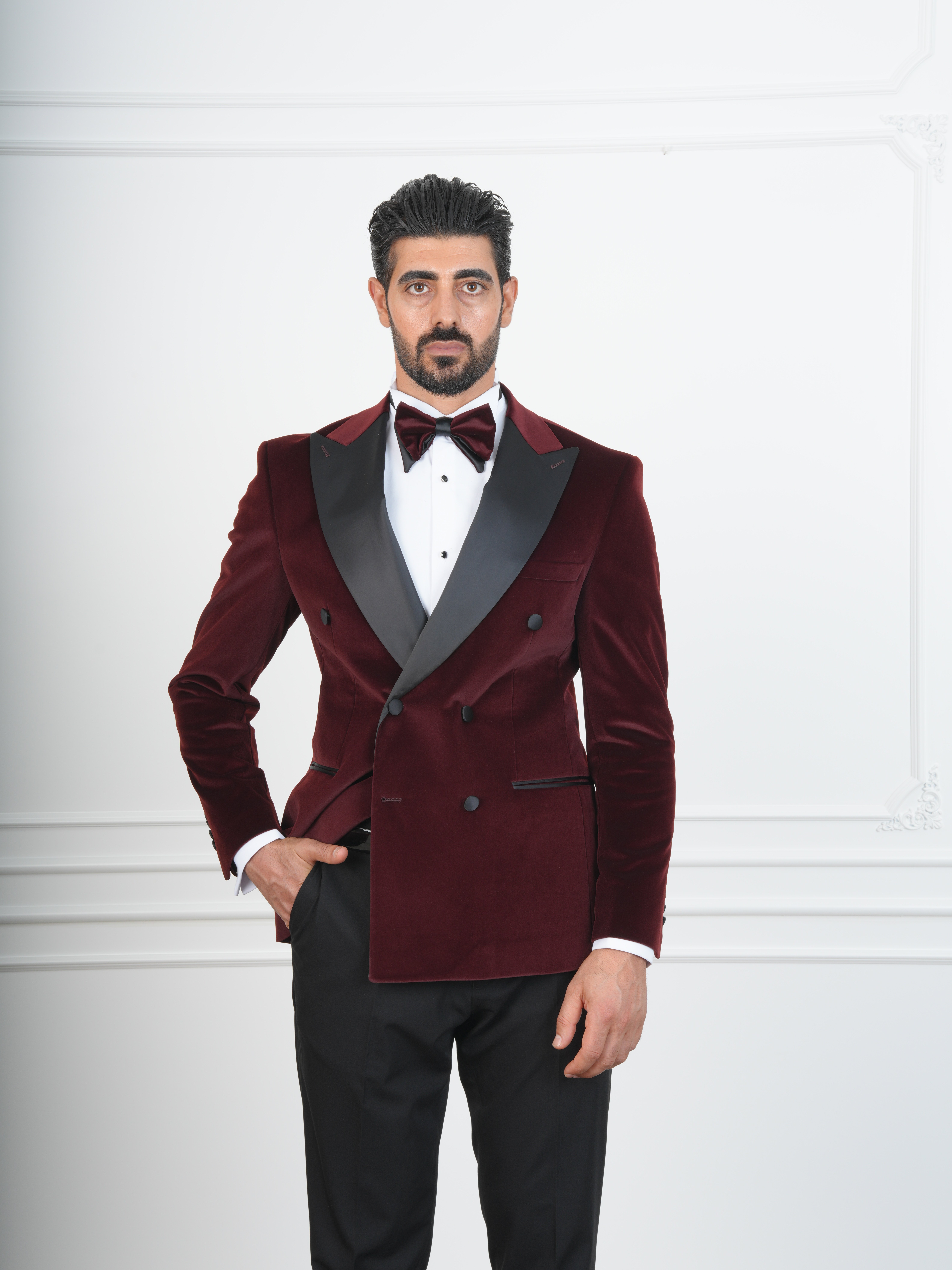 Erkek Premium Kadife Kruvaze Smokin Damatlık İtalyan Stil  Ceket Pantolon Papyon - Bordo