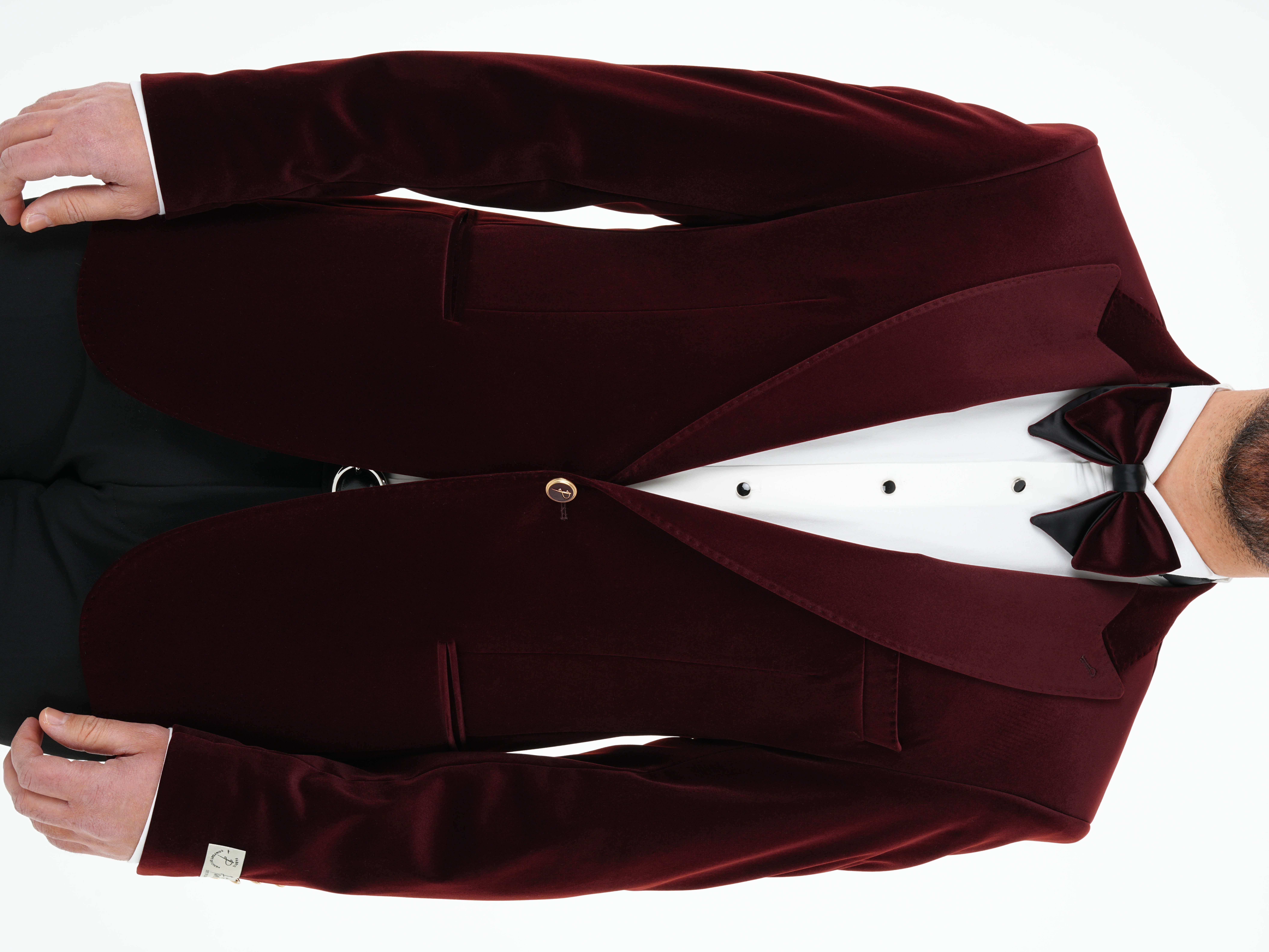 Premium Erkek Kadife Smokin Damatlık Gold Düğme Punto Dikişli Ceket Pantolon Papyon - Bordo