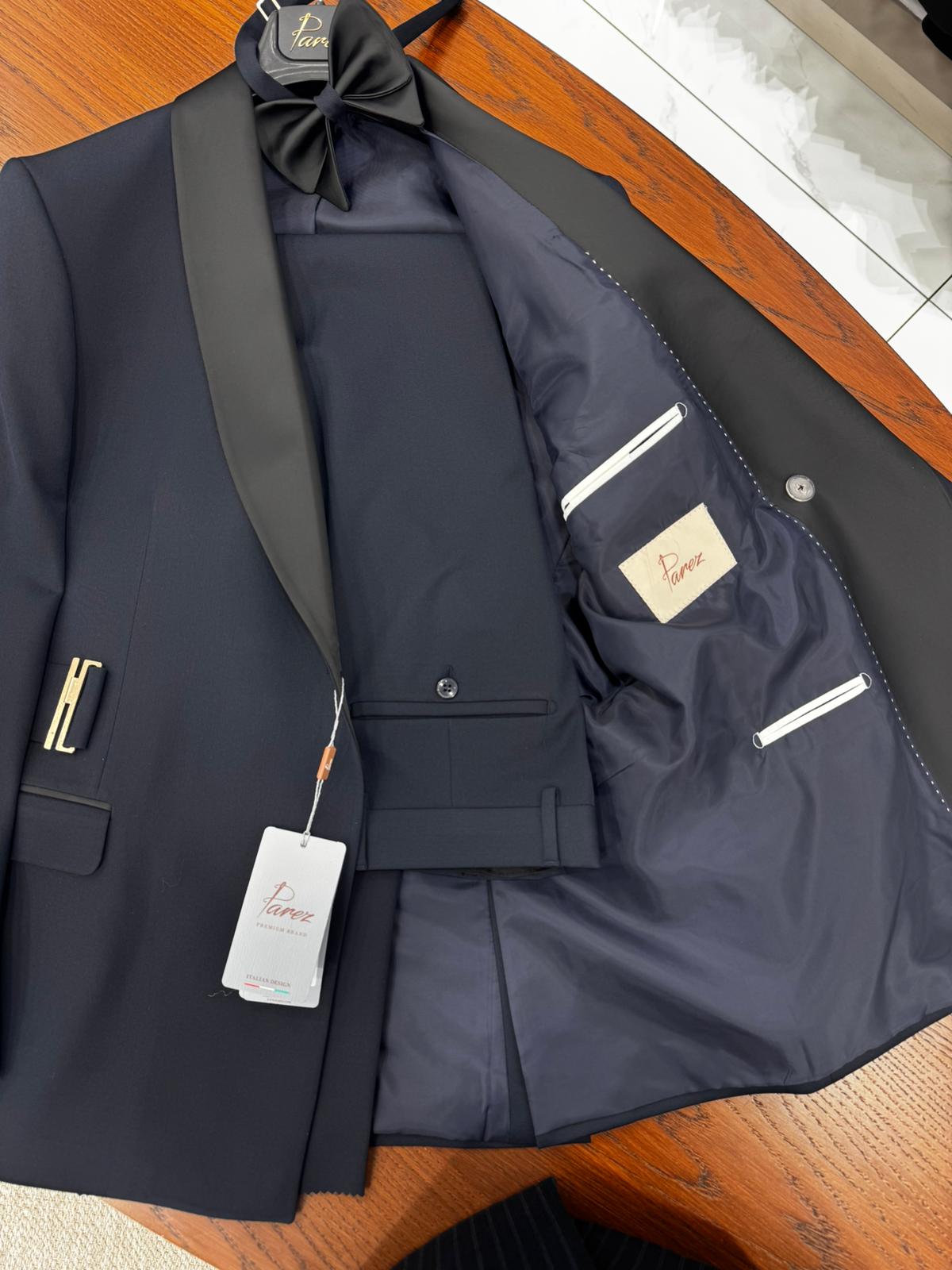 Erkek Kruvaze Tokalı Smokin Damatlık İtalyan Stil Ceket Pantolon Papyon - Koyu Lacivert