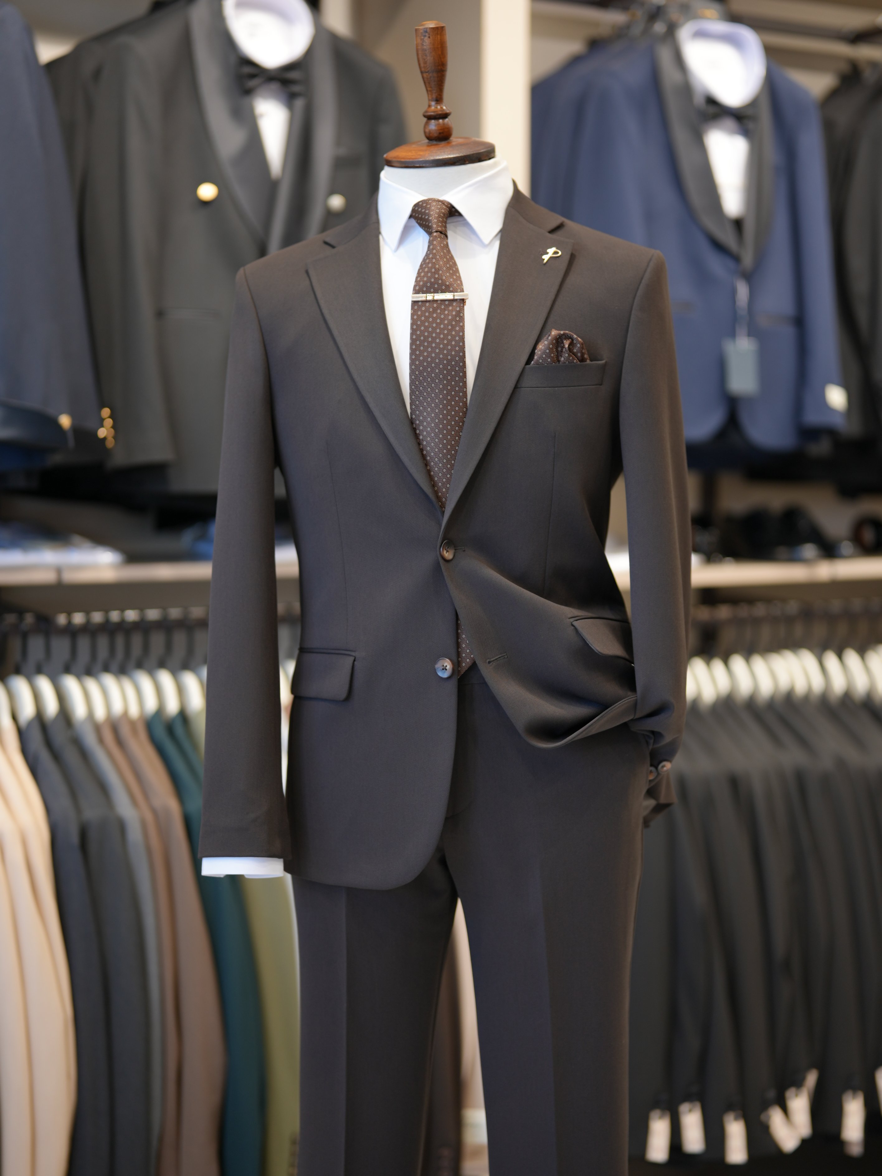 Erkek Slim Fit İtalyan Stil Mono Yaka  Kruvaze Takım Elbise - Ceket Pantolon - Acı Kahve