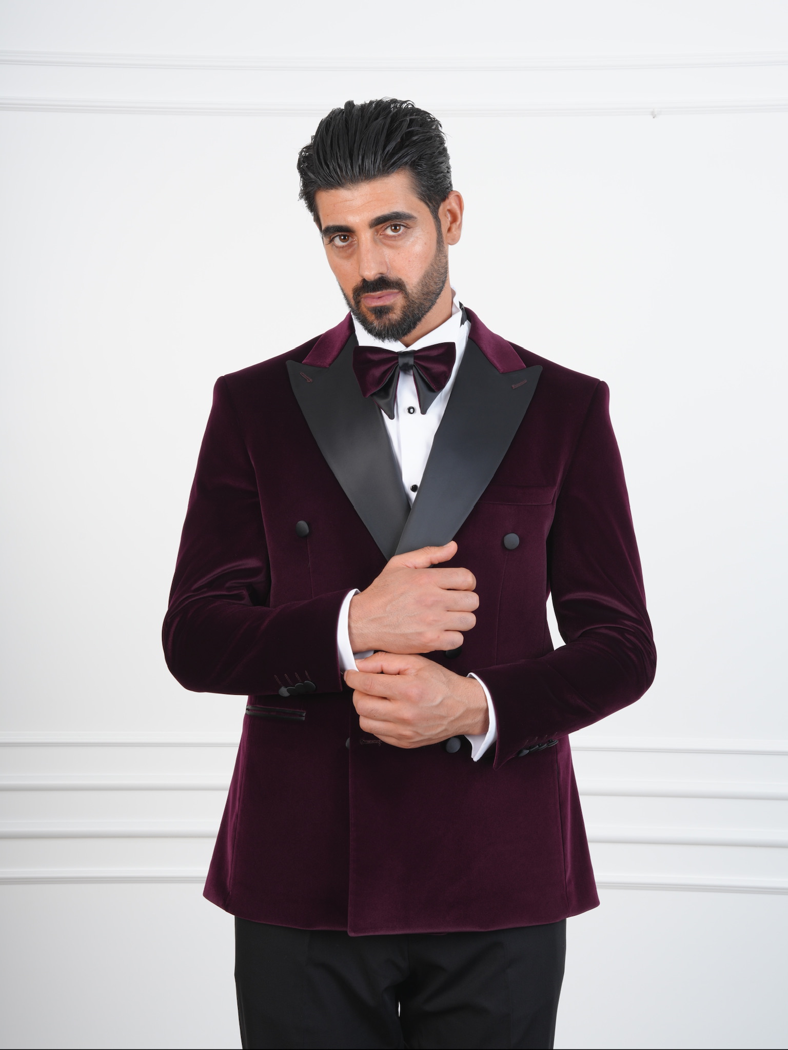 Erkek Premium Kadife Kruvaze Smokin Damatlık İtalyan Stil  Ceket Pantolon Papyon - Mor