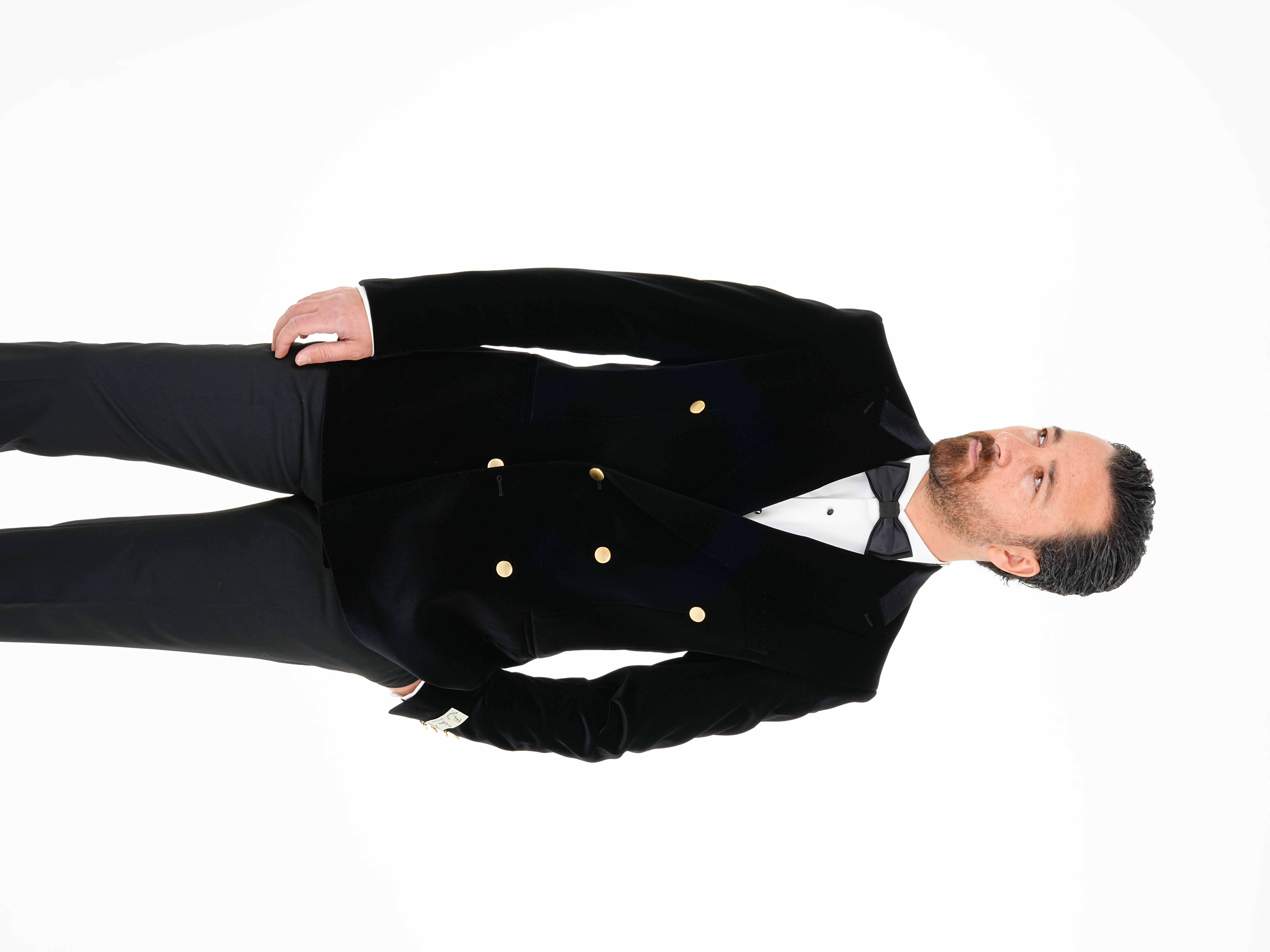 Premium Erkek Kadife Kruvaze Smokin Damatlık Gold Düğme Punto Dikişli Ceket Pantolon Papyon - Siyah