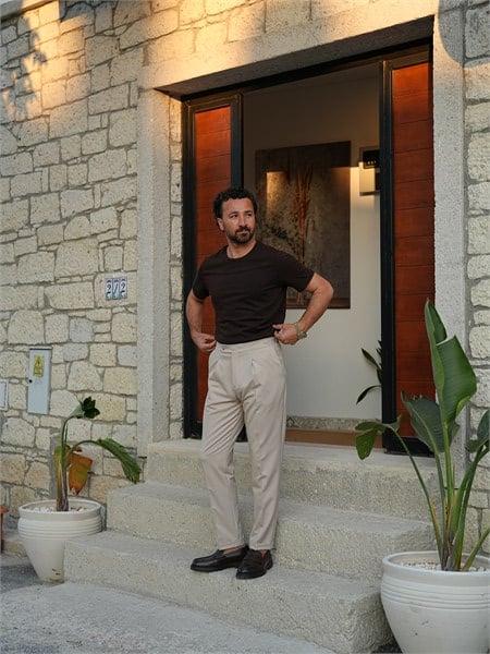 İtalyan Stil Regular Erkek Yüksek Bel Tokalı Pantolon - Bej