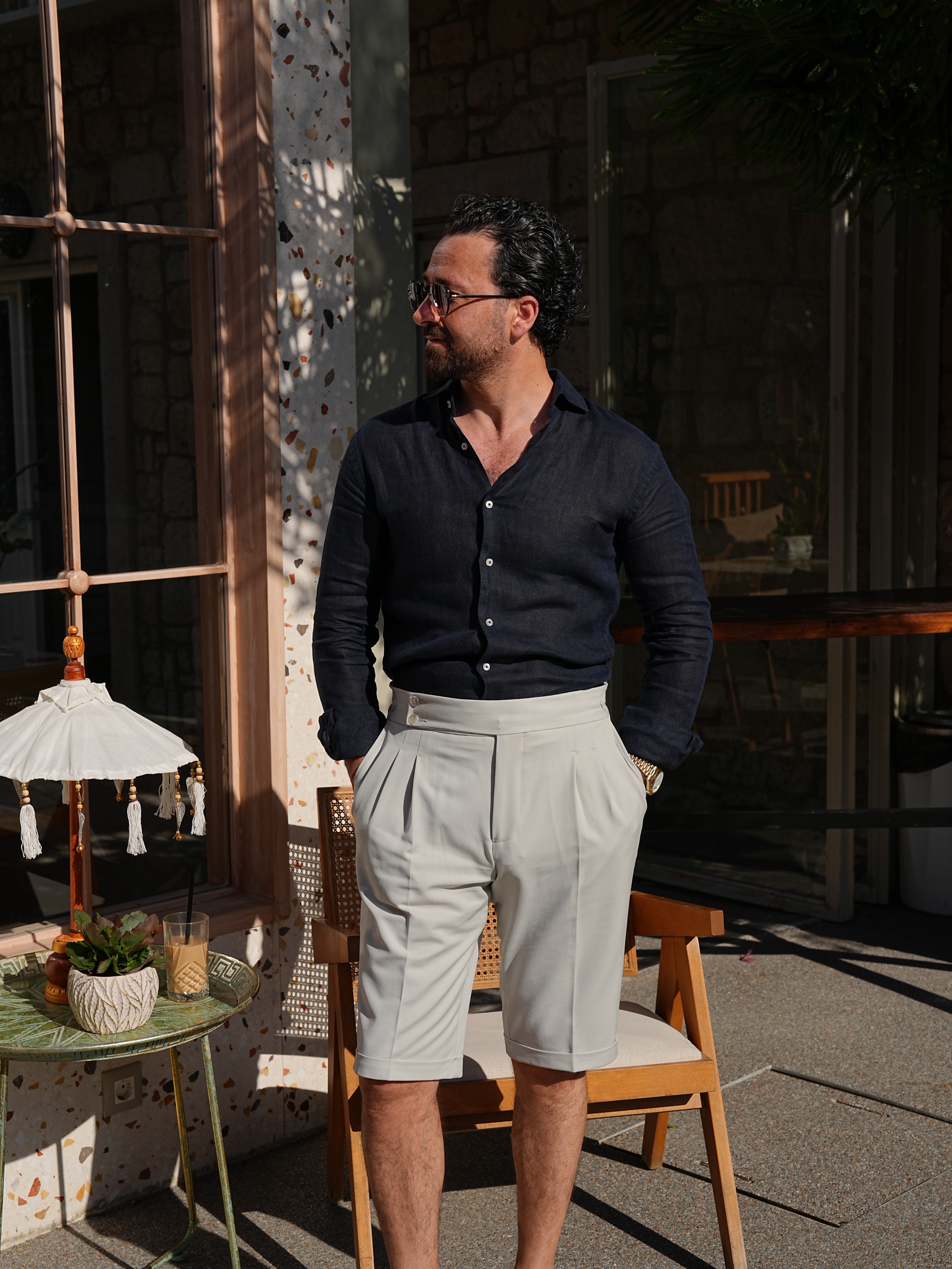 PAREZ Regular Fit Linen Shirt - Navy Blue