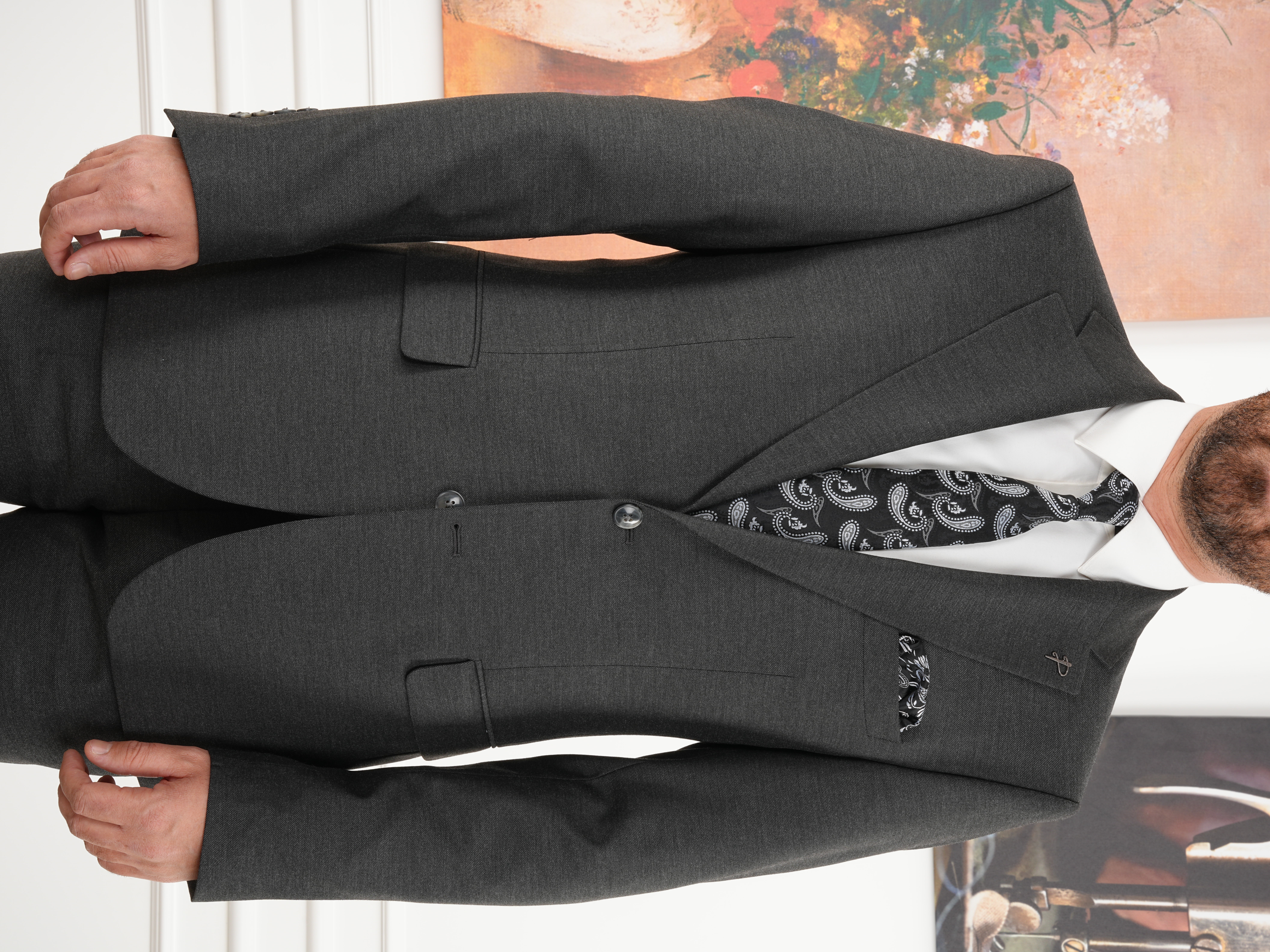 Premium Erkek Mono Yaka Takım Elbise Slim Fit İtalyan Stil Ceket Pantolon - Antrasit