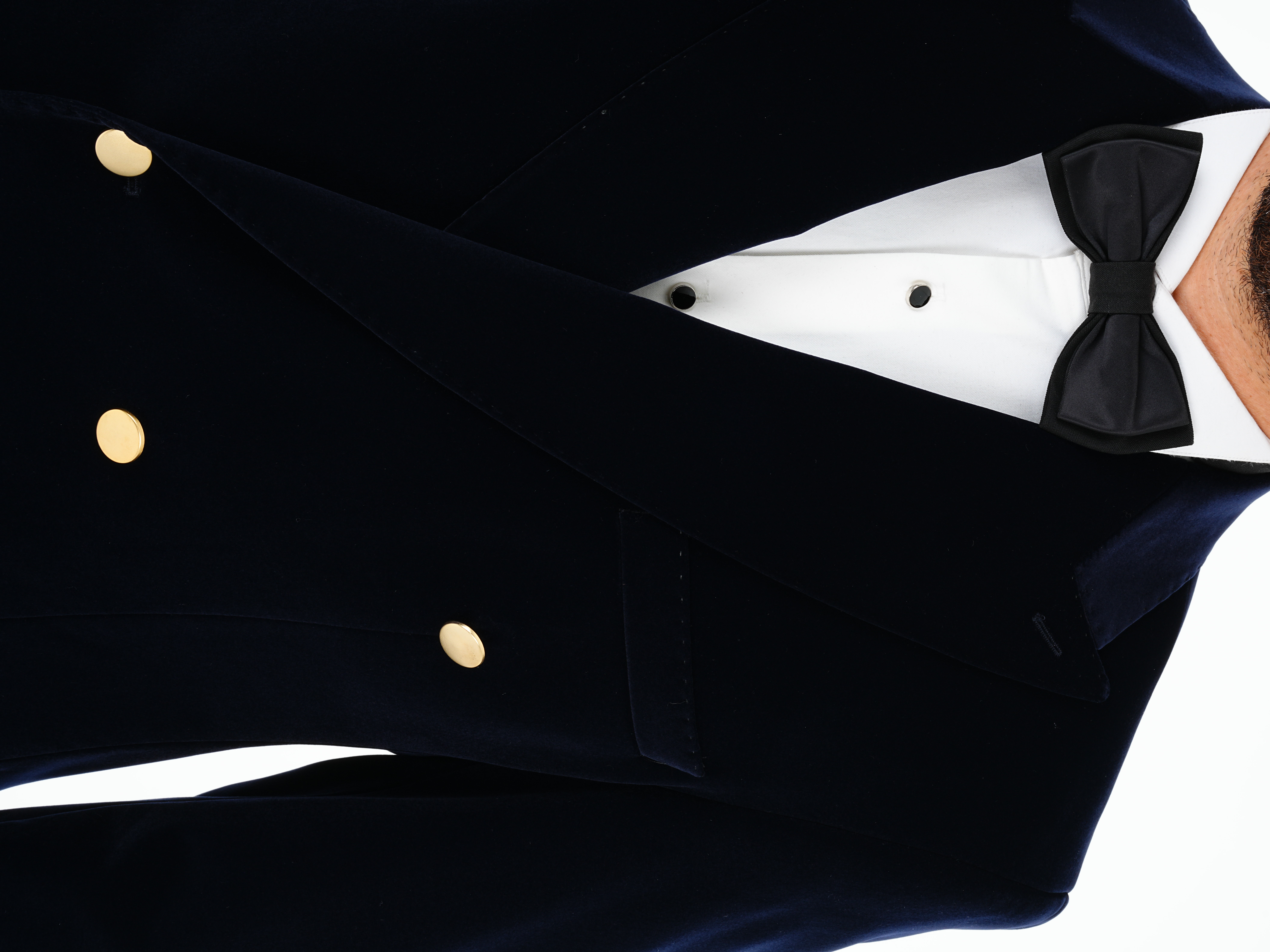 Premium Erkek Kadife Kruvaze Smokin Damatlık Gold Düğme Punto Dikişli Ceket Pantolon Papyon - Lacivert