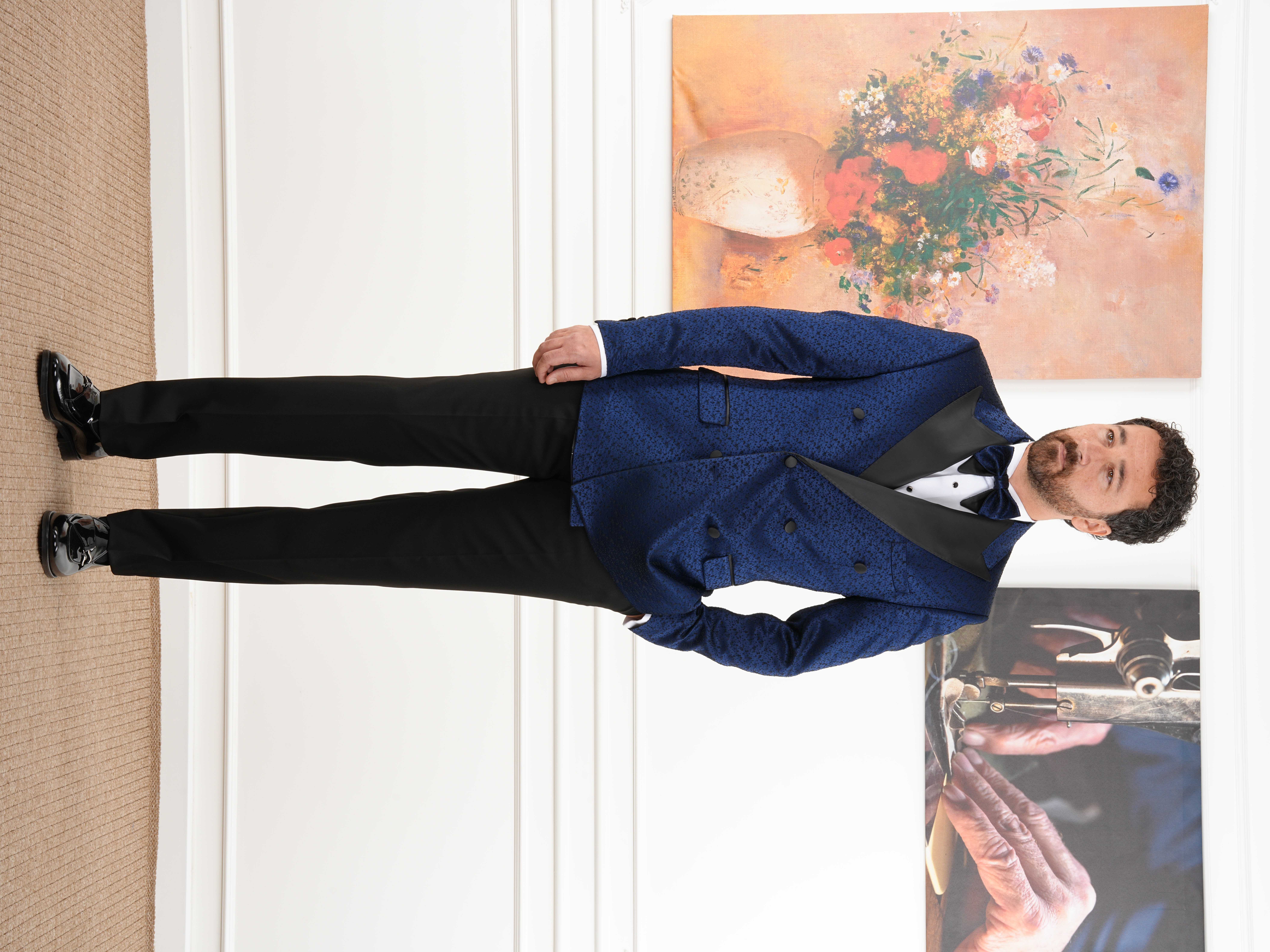 Erkek Slim Fit İtalyan Stil Jakar Desenli Damatlık Smokin Ceket Pantolon - Lacivert