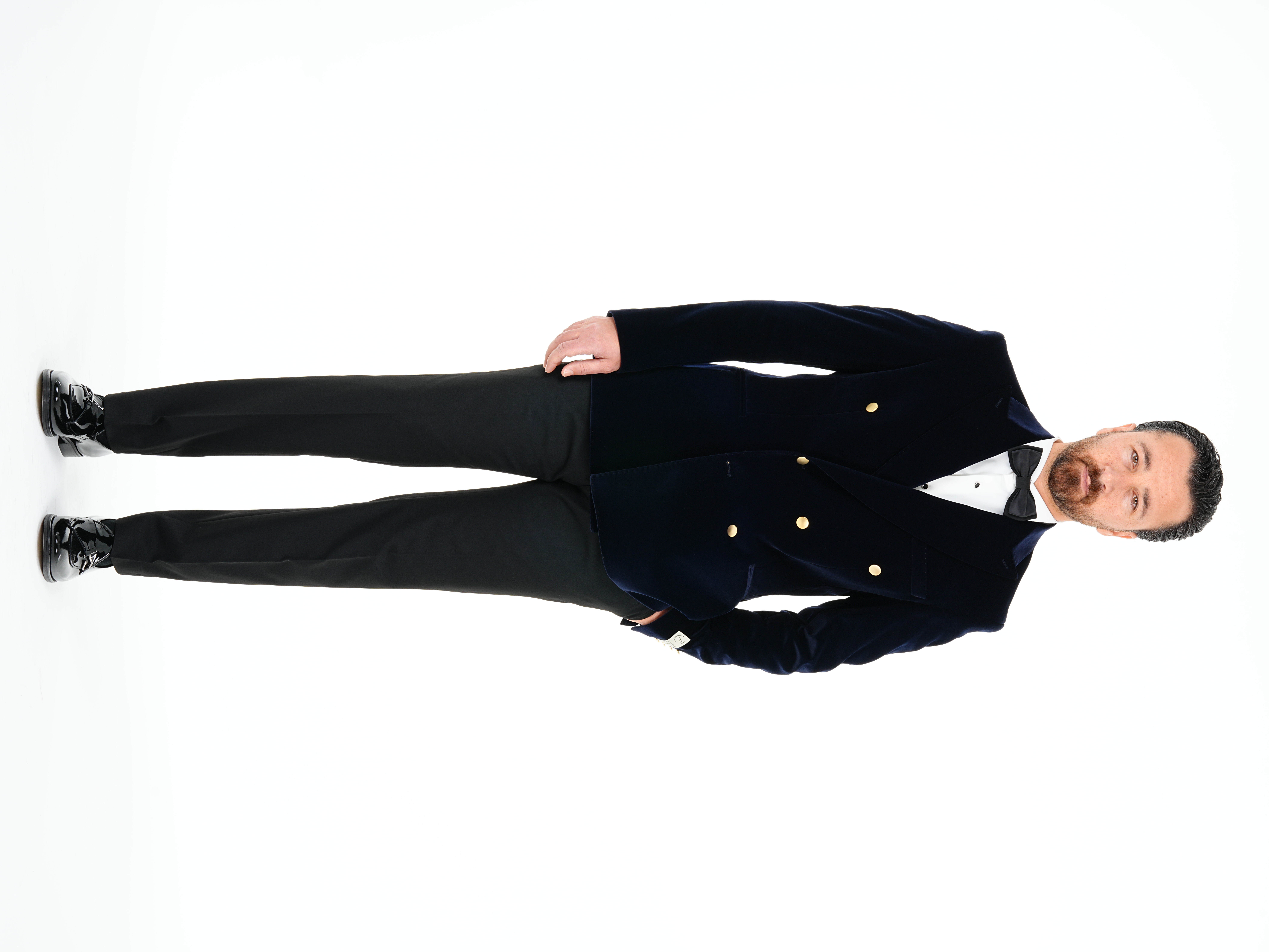 Premium Erkek Kadife Kruvaze Smokin Damatlık Gold Düğme Punto Dikişli Ceket Pantolon Papyon - Lacivert