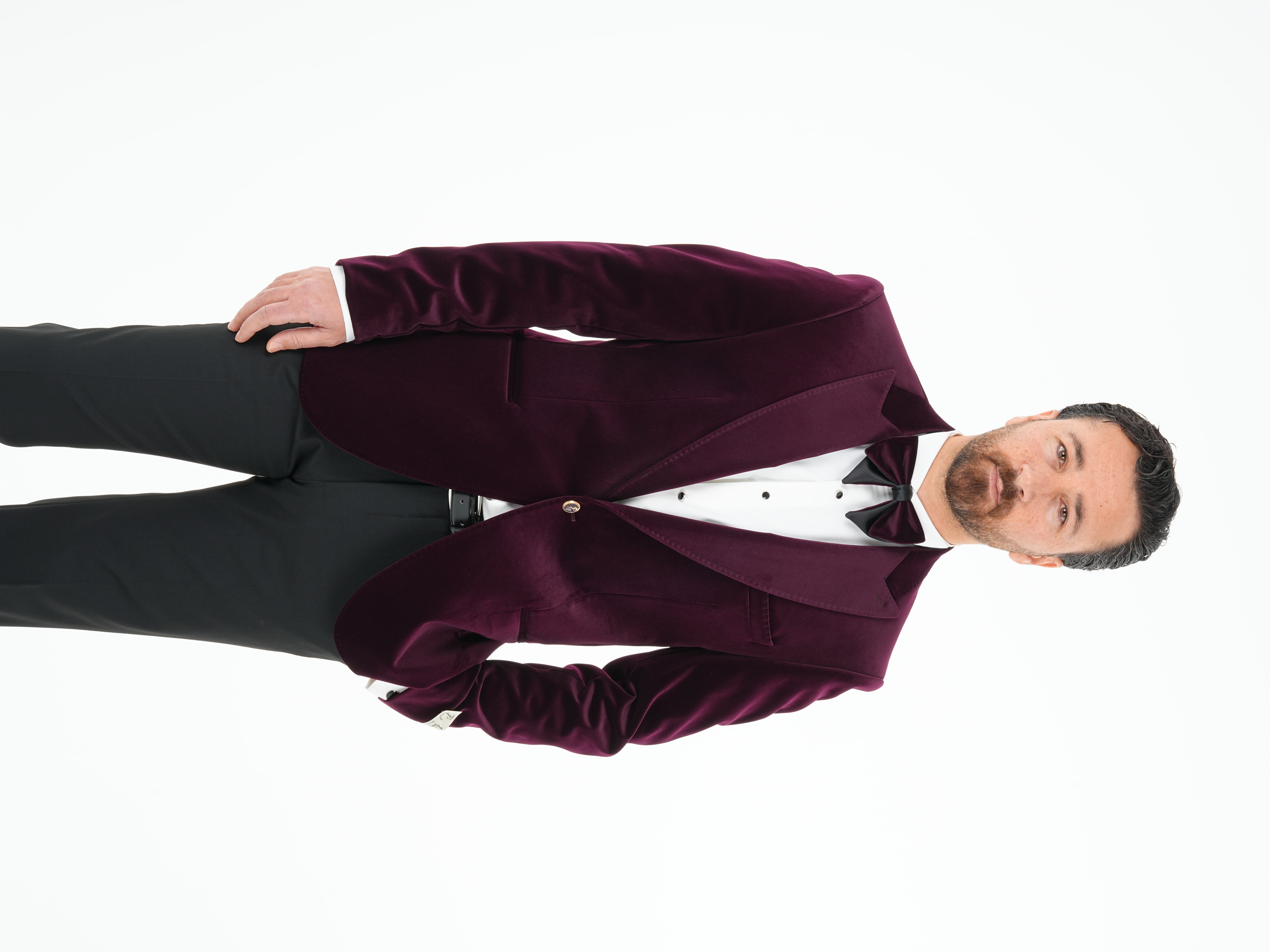 Premium Erkek Kadife Smokin Damatlık Gold Düğme Punto Dikişli Ceket Pantolon Papyon - Mor