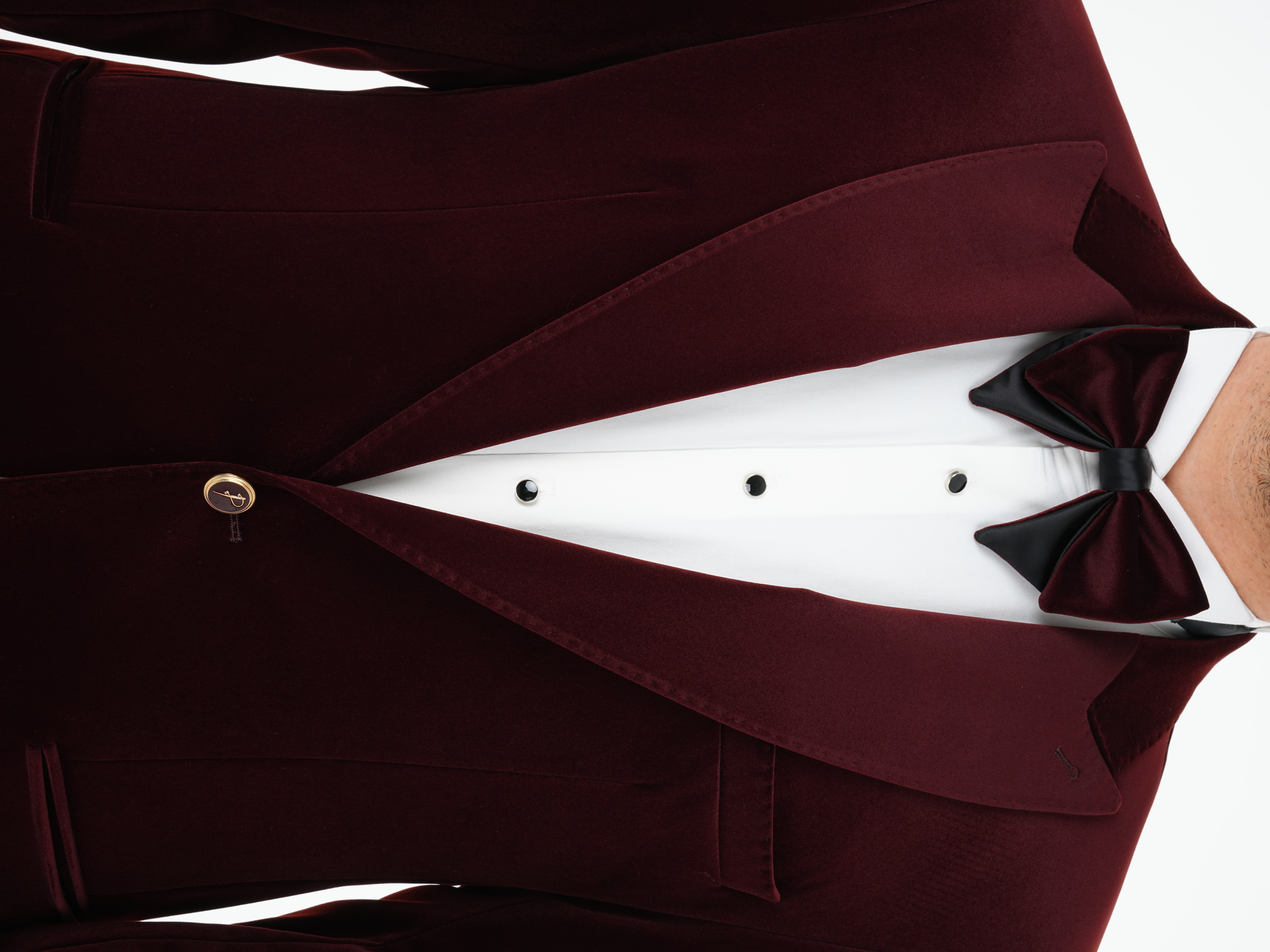 Premium Erkek Kadife Smokin Damatlık Gold Düğme Punto Dikişli Ceket Pantolon Papyon - Bordo