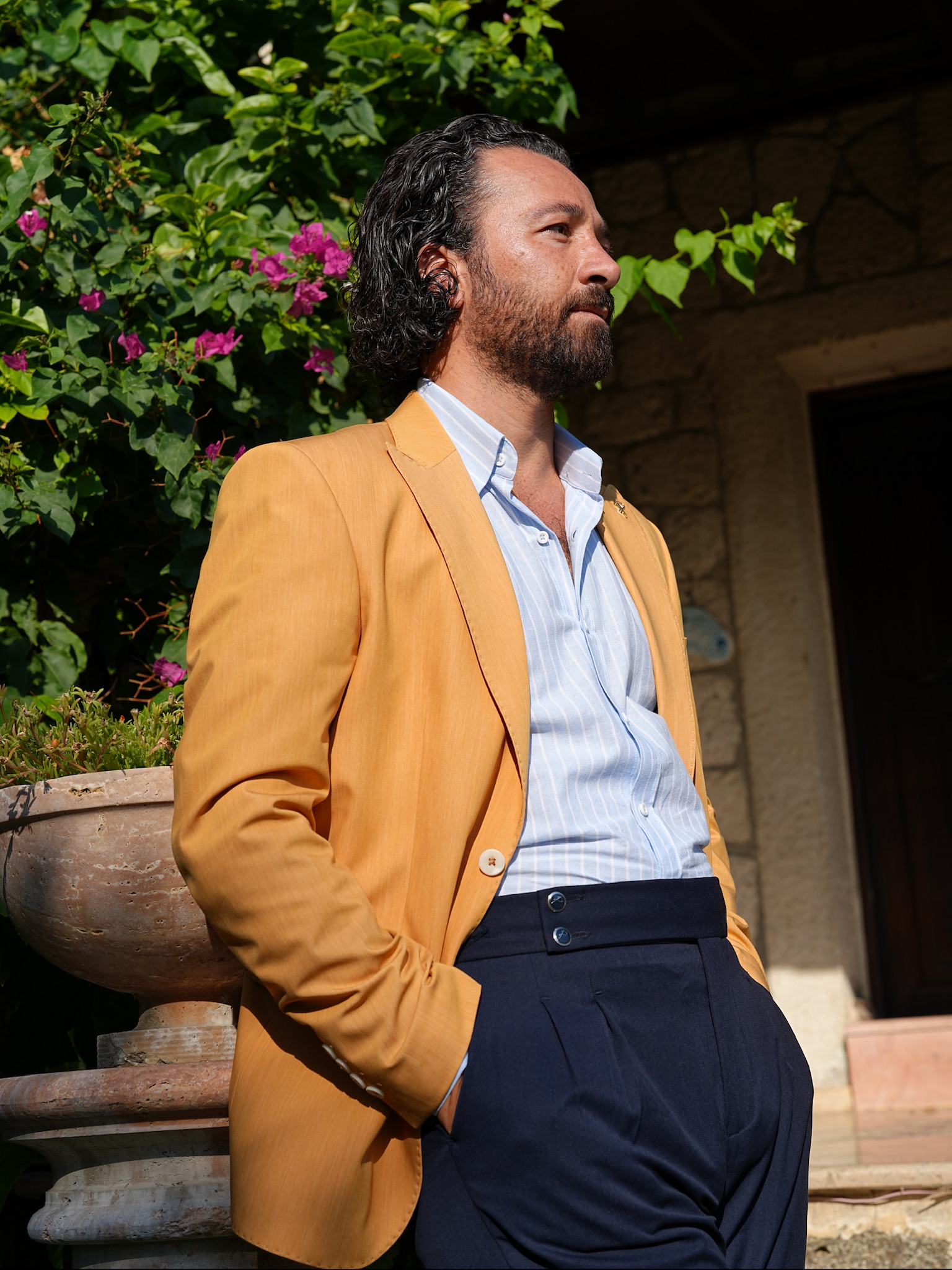 Erkek Premium İtalyan Stil Slim Fit Erkek Punto Dikişli Torba Cepli Yarım Astarlı Ceket - Sarı