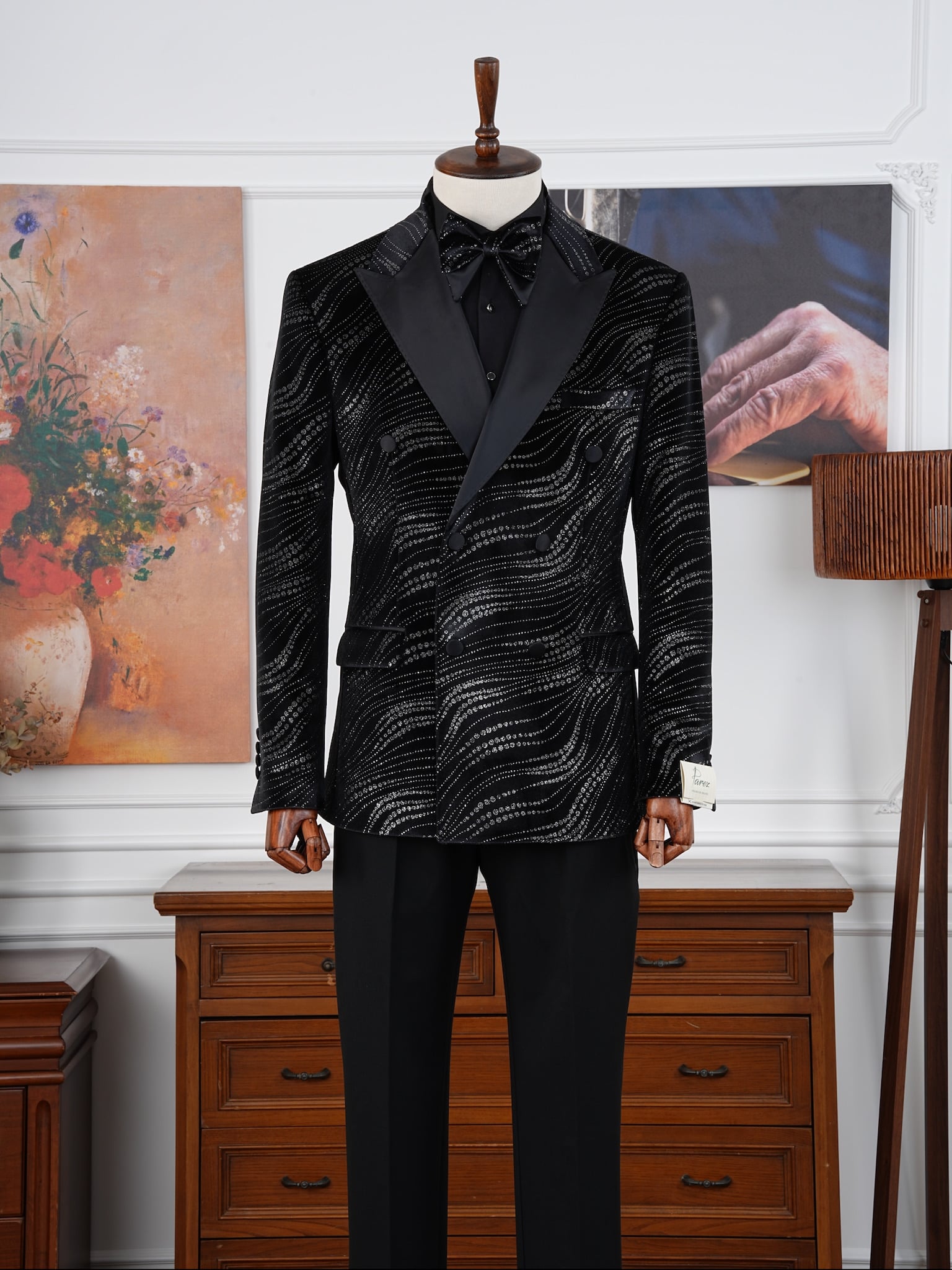 Mens Slim Fit Italian Style Printed Tuxedo Groom Suit - Black