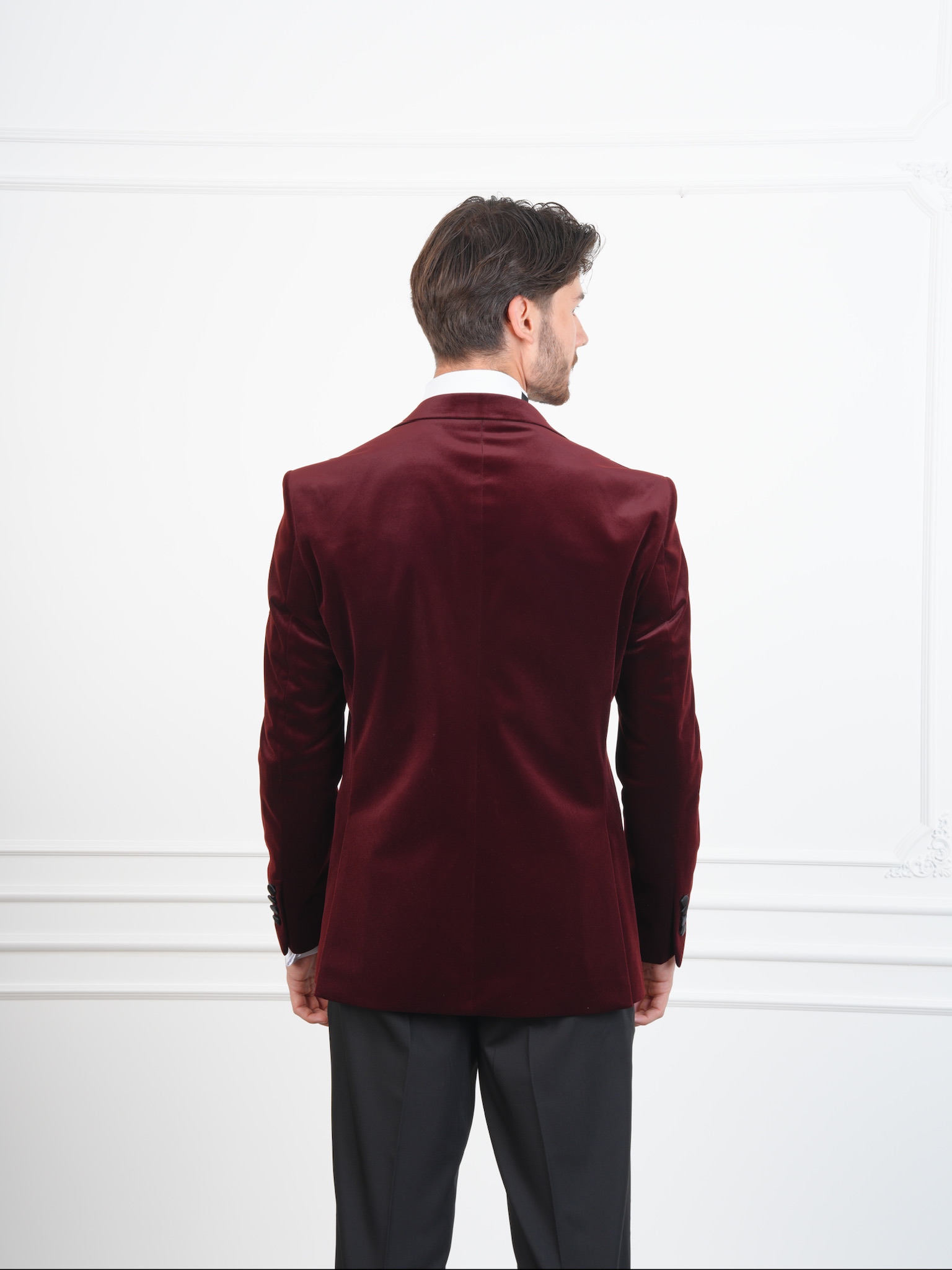 Erkek Premium Kadife Smokin Damatlık İtalyan Stil Slim Fit Ceket Pantolon Papyon - Bordo