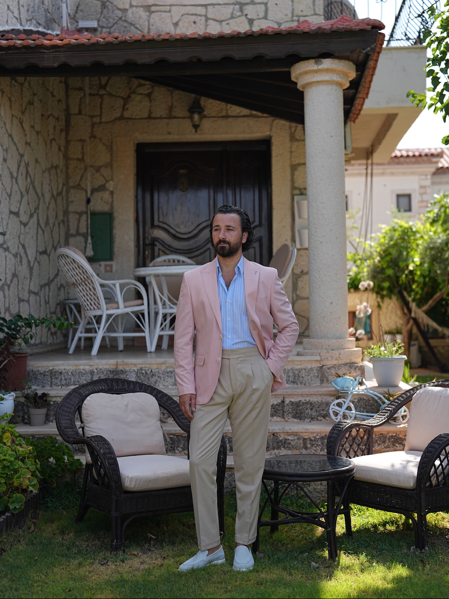 Erkek Premium İtalyan Stil Slim Fit Erkek Punto Dikişli Torba Cepli Yarım Astarlı Ceket - Pembe