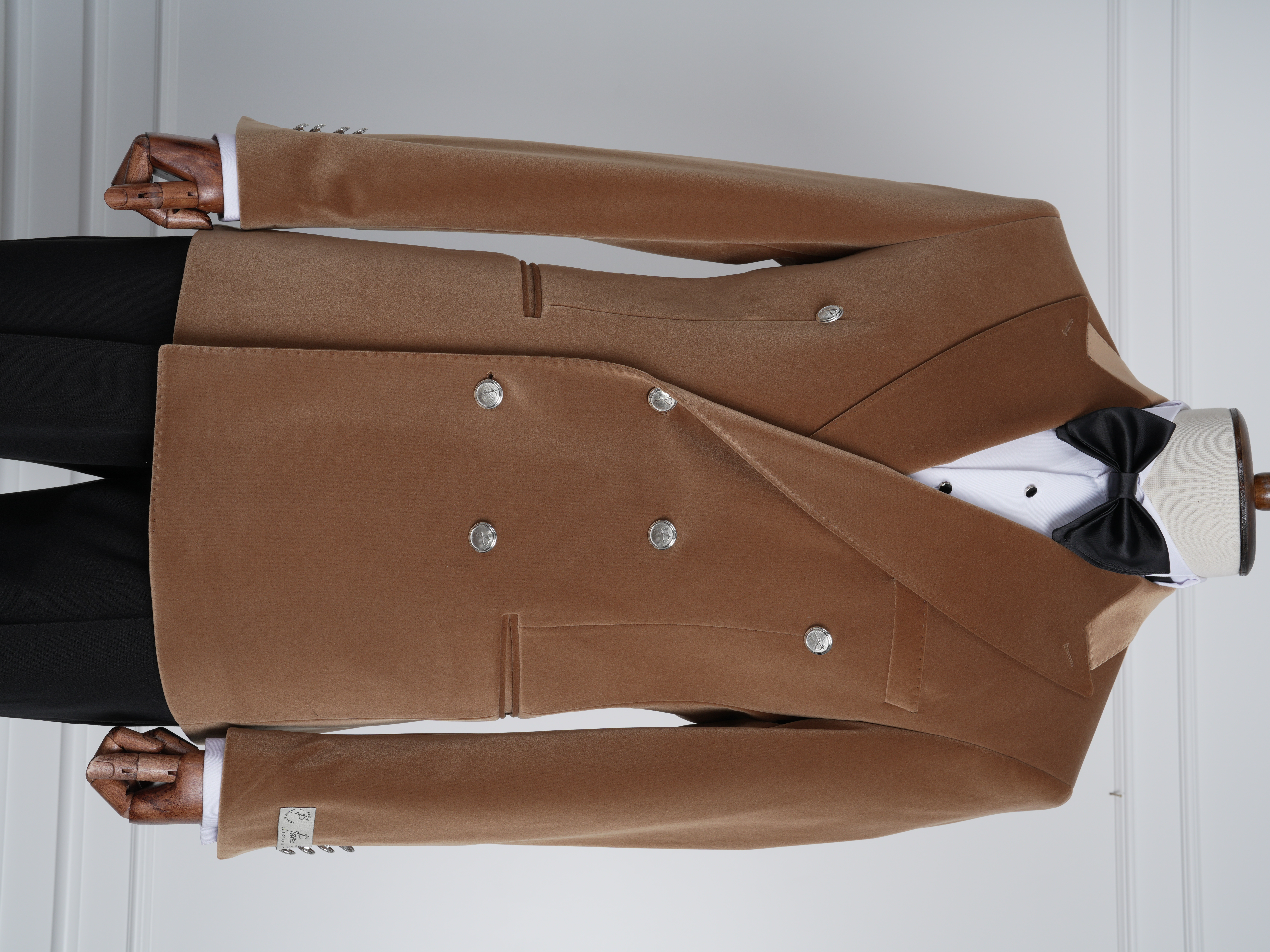 Premium Erkek Kadife Kruvaze Smokin Damatlık Metal Düğme Punto Dikişli Ceket Pantolon Papyon - Krem