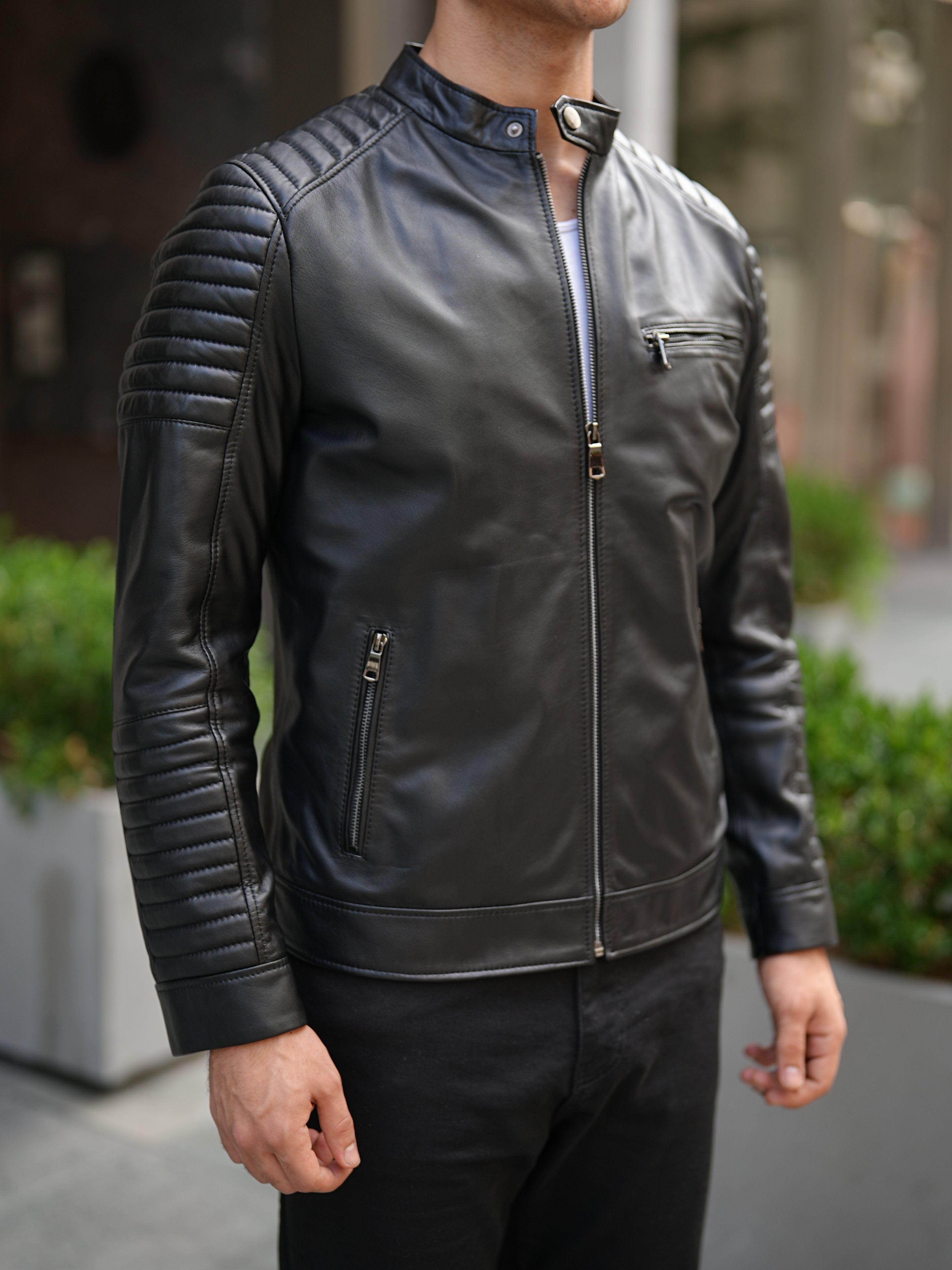 Erkek Standart Fit %100 Hakiki Kuzu Deri Mont-Siyah - Siyah