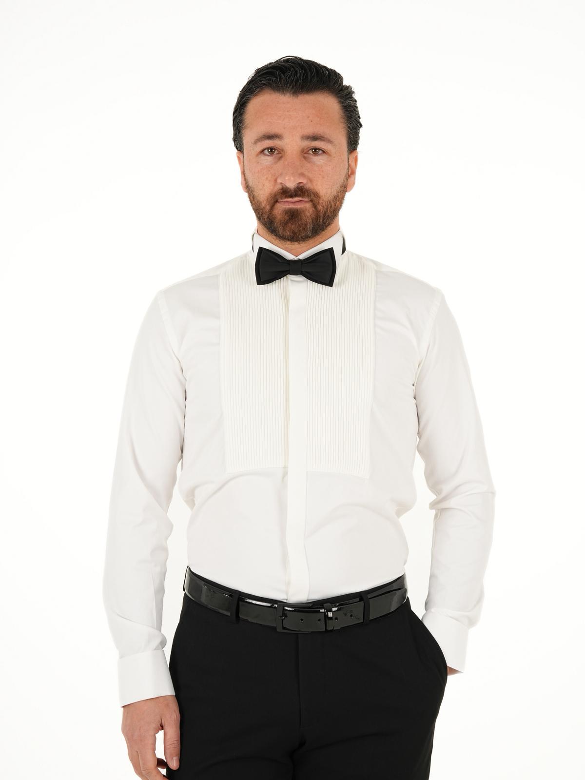 Erkek Premium Slim Fit Ata Yaka Piliseli Gömlek - Beyaz