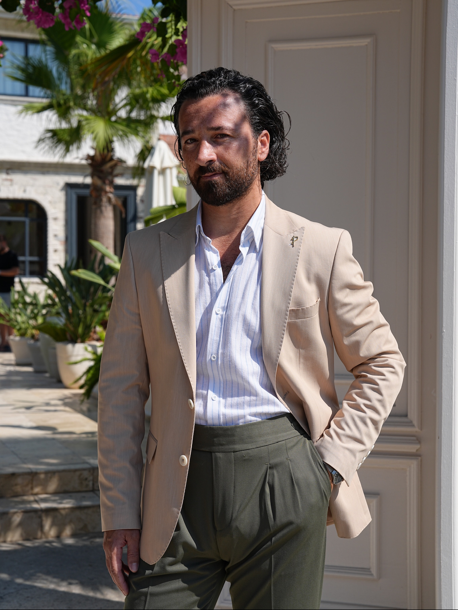 Erkek Premium İtalyan Stil Slim Fit Erkek Punto Dikişli Torba Cepli Yarım Astarlı Ceket - Krem