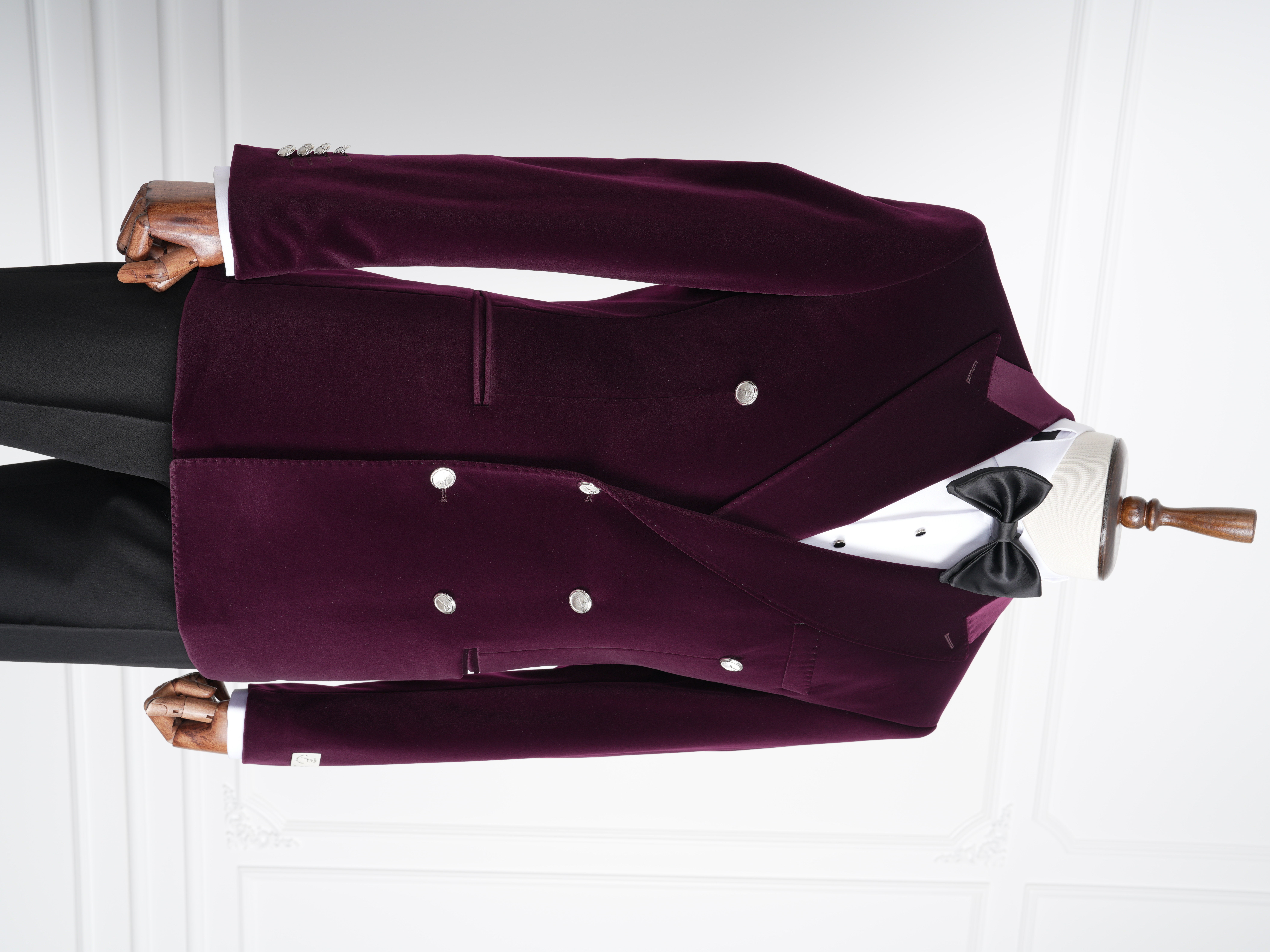 Premium Erkek Kadife Kruvaze Smokin Damatlık Metal Düğme Punto Dikişli Ceket Pantolon Papyon - Mor