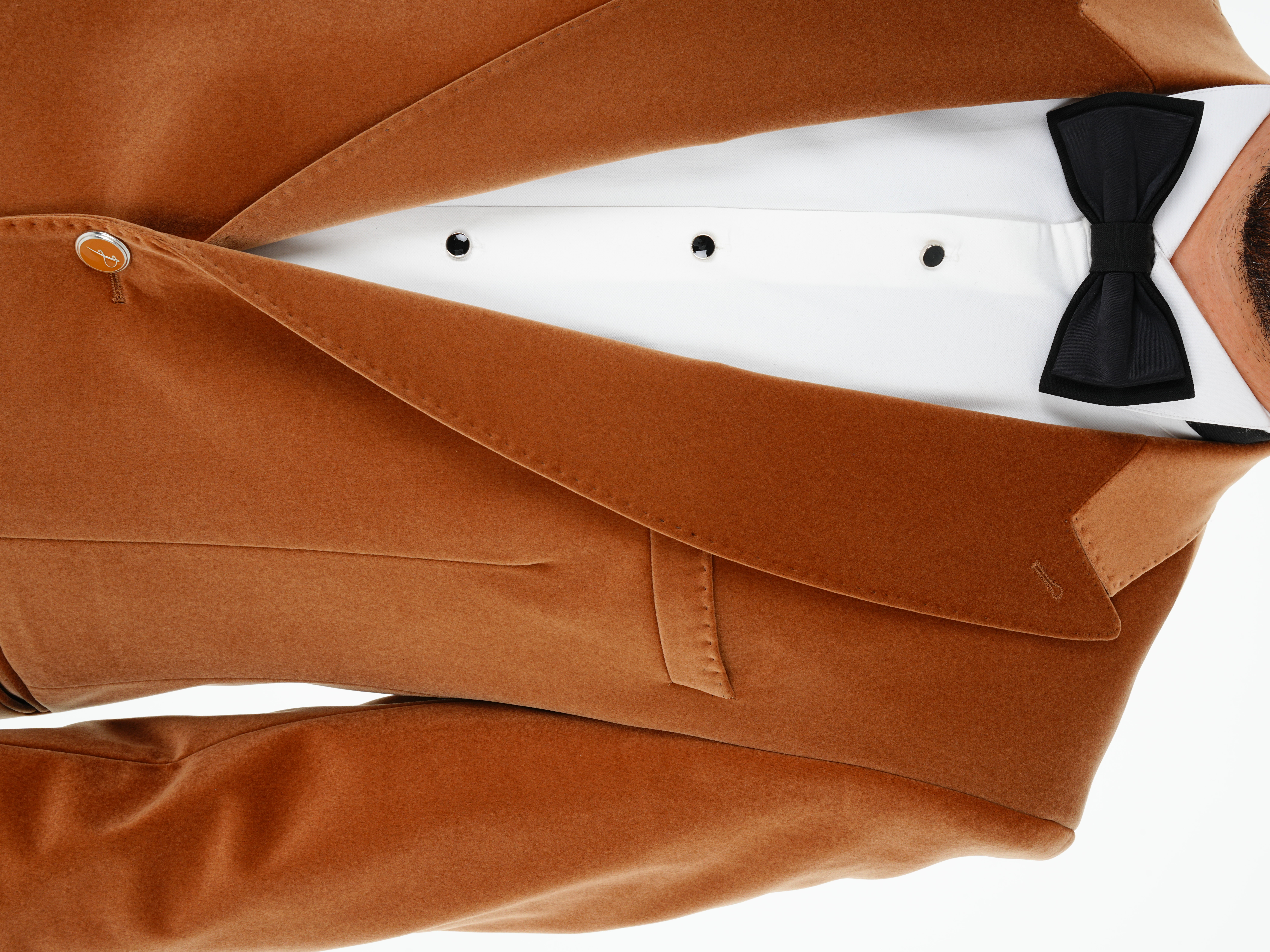 Premium Erkek Kadife Smokin Damatlık Gümüş Düğme Punto Dikişli Ceket Pantolon Papyon - Krem