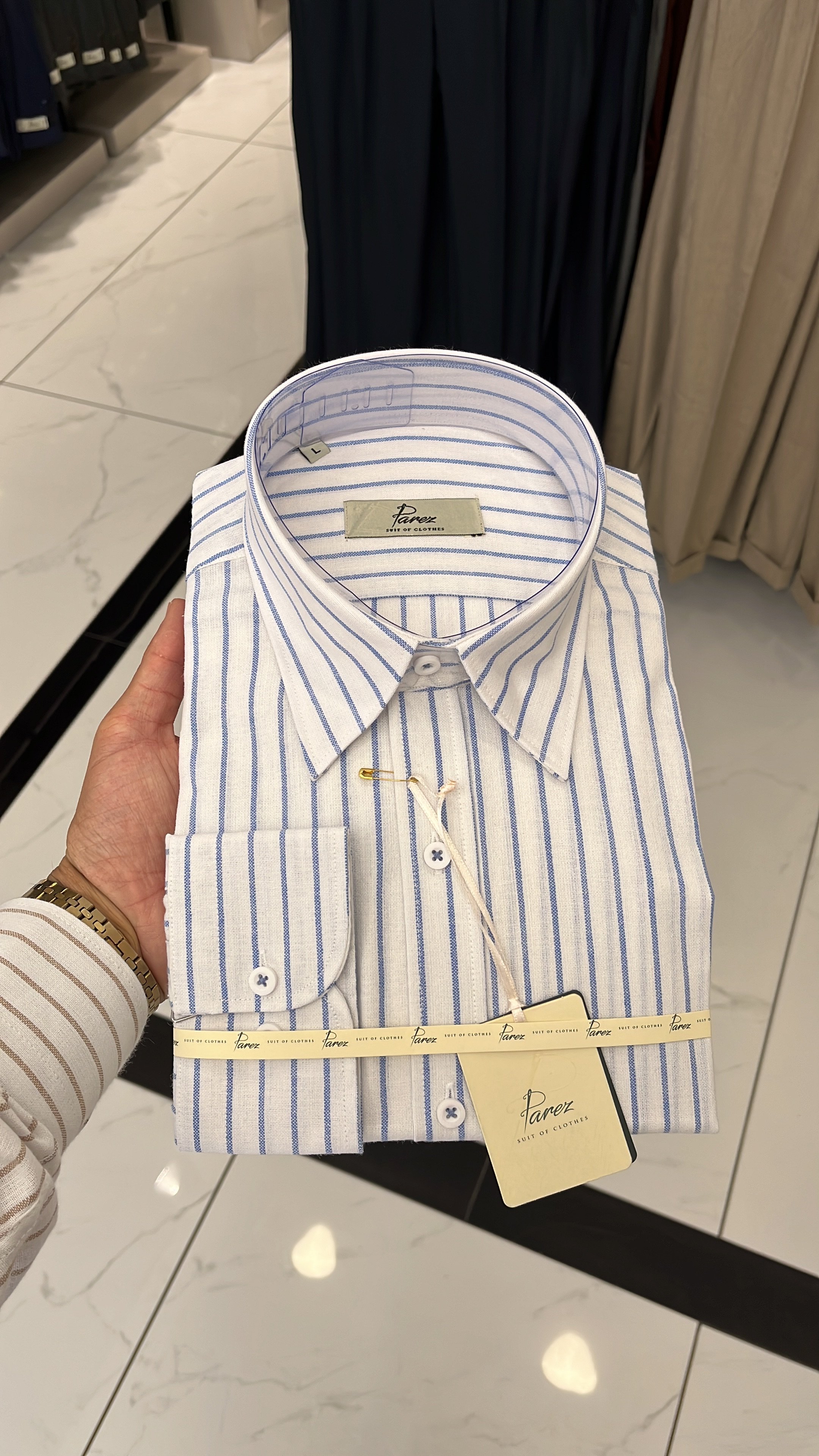 Erkek Premium Regular Fit Çizgili Keten Gömlek - Mavi