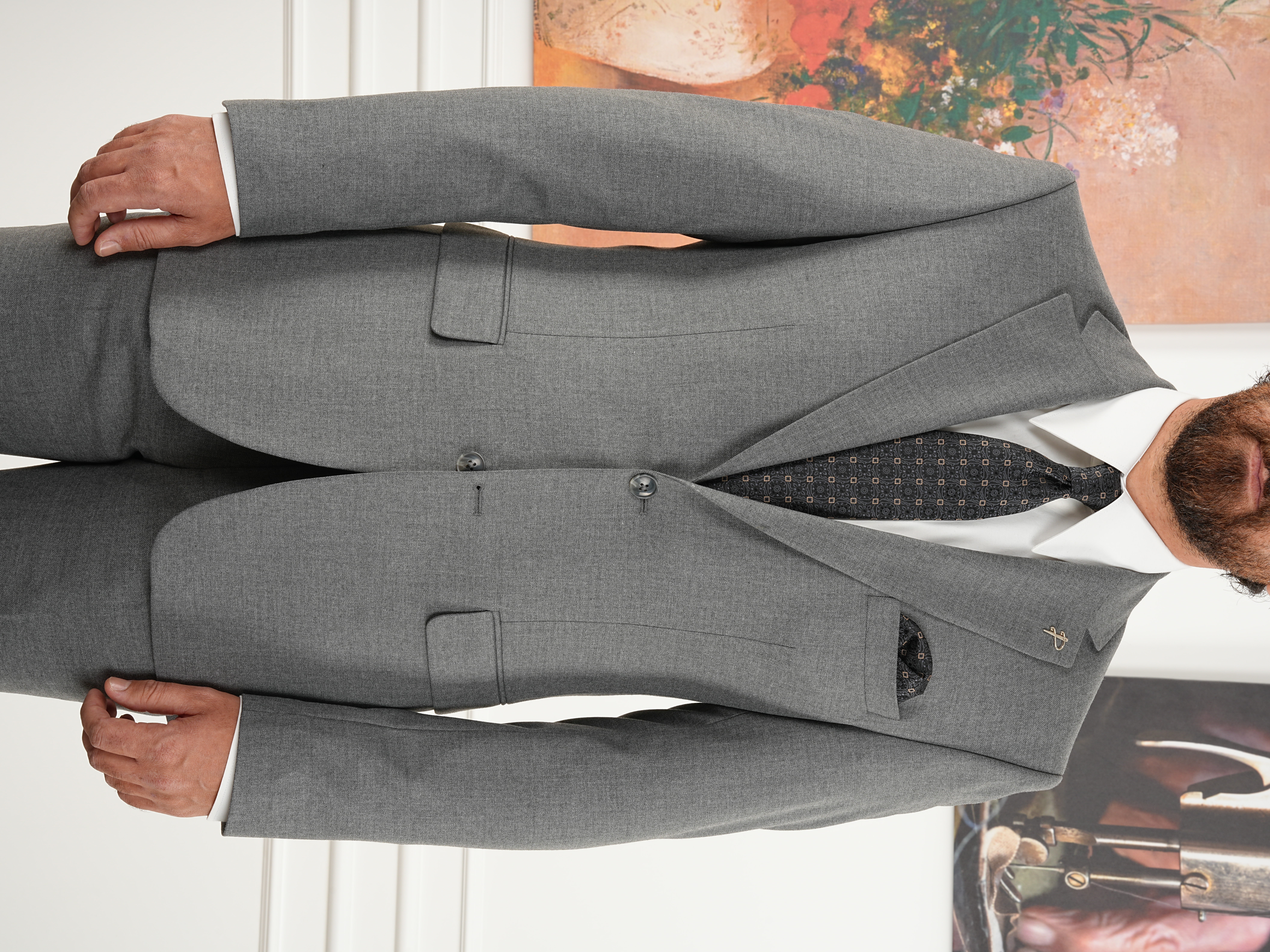 Erkek Slim Fit İtalyan Stil Kruvaze Takım Elbise Ceket Pantolon - Gri