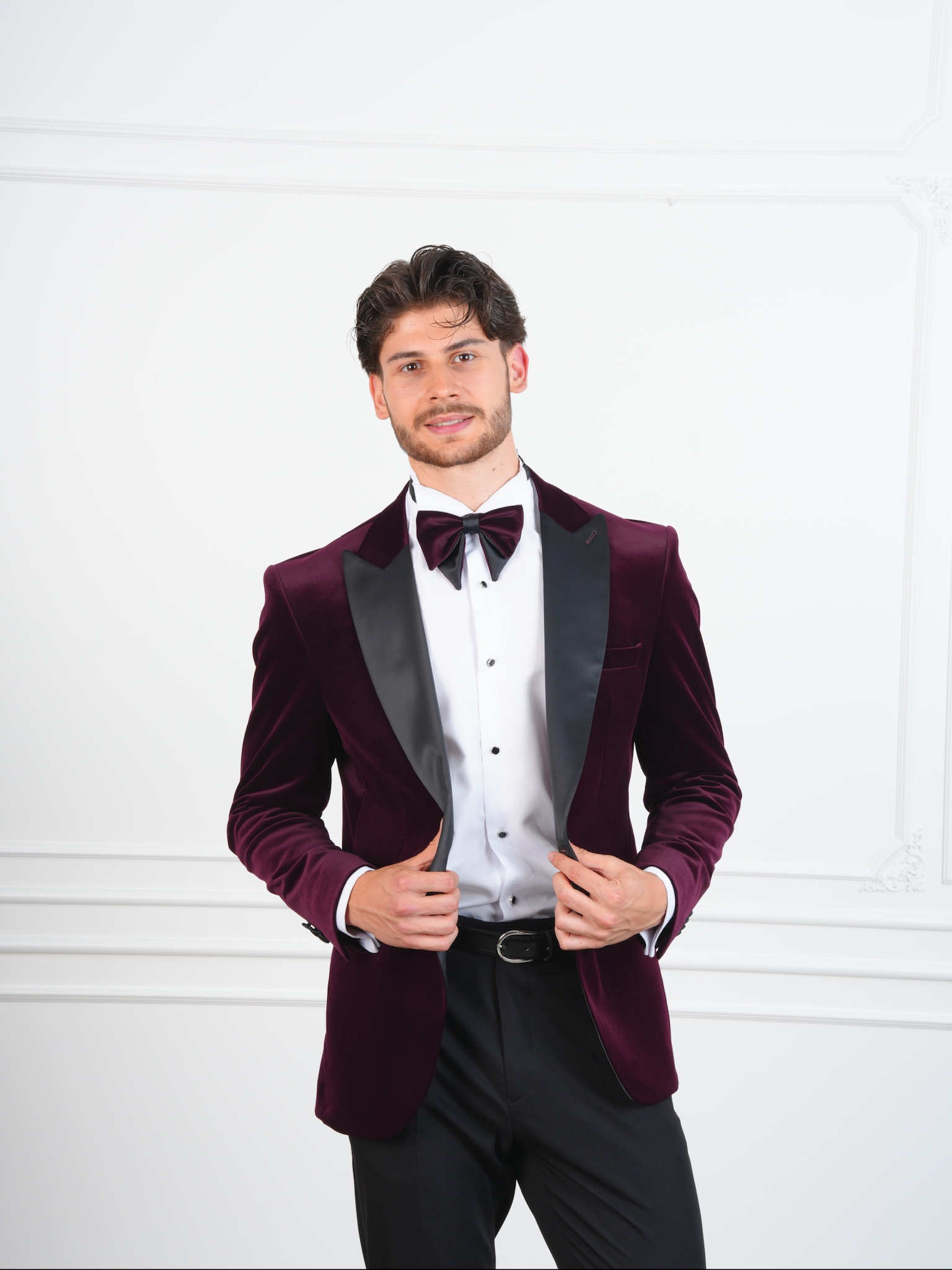 Erkek Premium Kadife Smokin Damatlık İtalyan Stil Slim Fit Ceket Pantolon Papyon - Mor