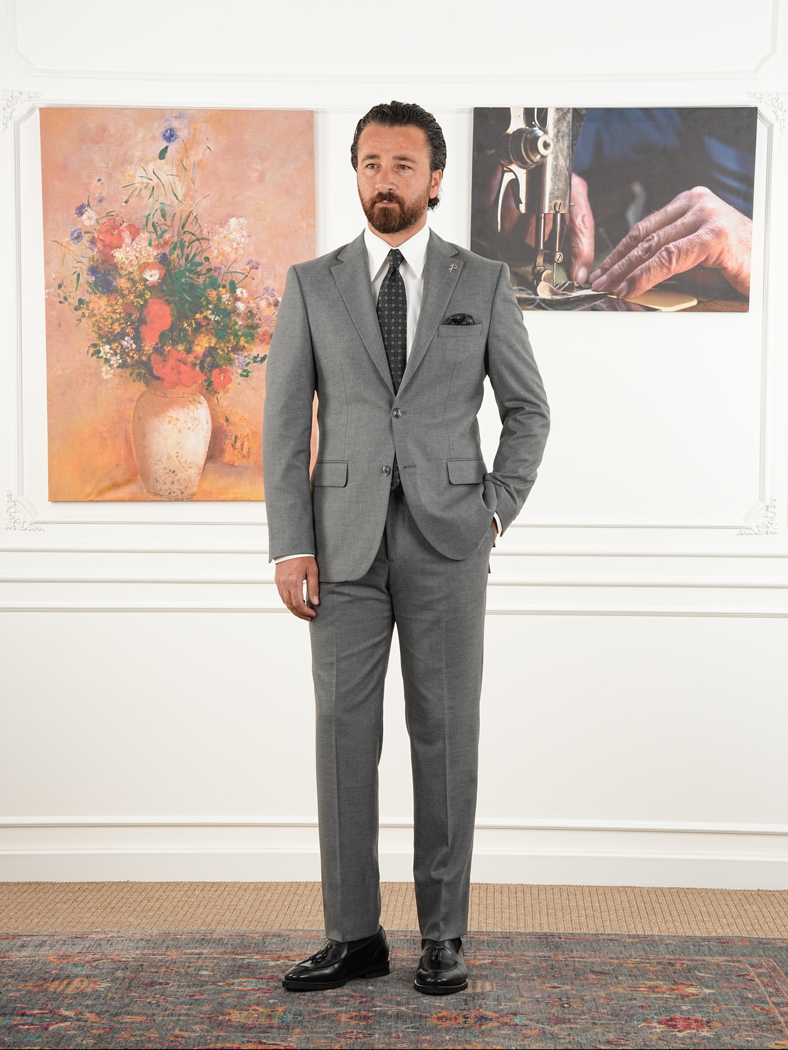 Premium Erkek Mono Yaka Takım Elbise Slim Fit İtalyan Stil Ceket Pantolon - Açık gri