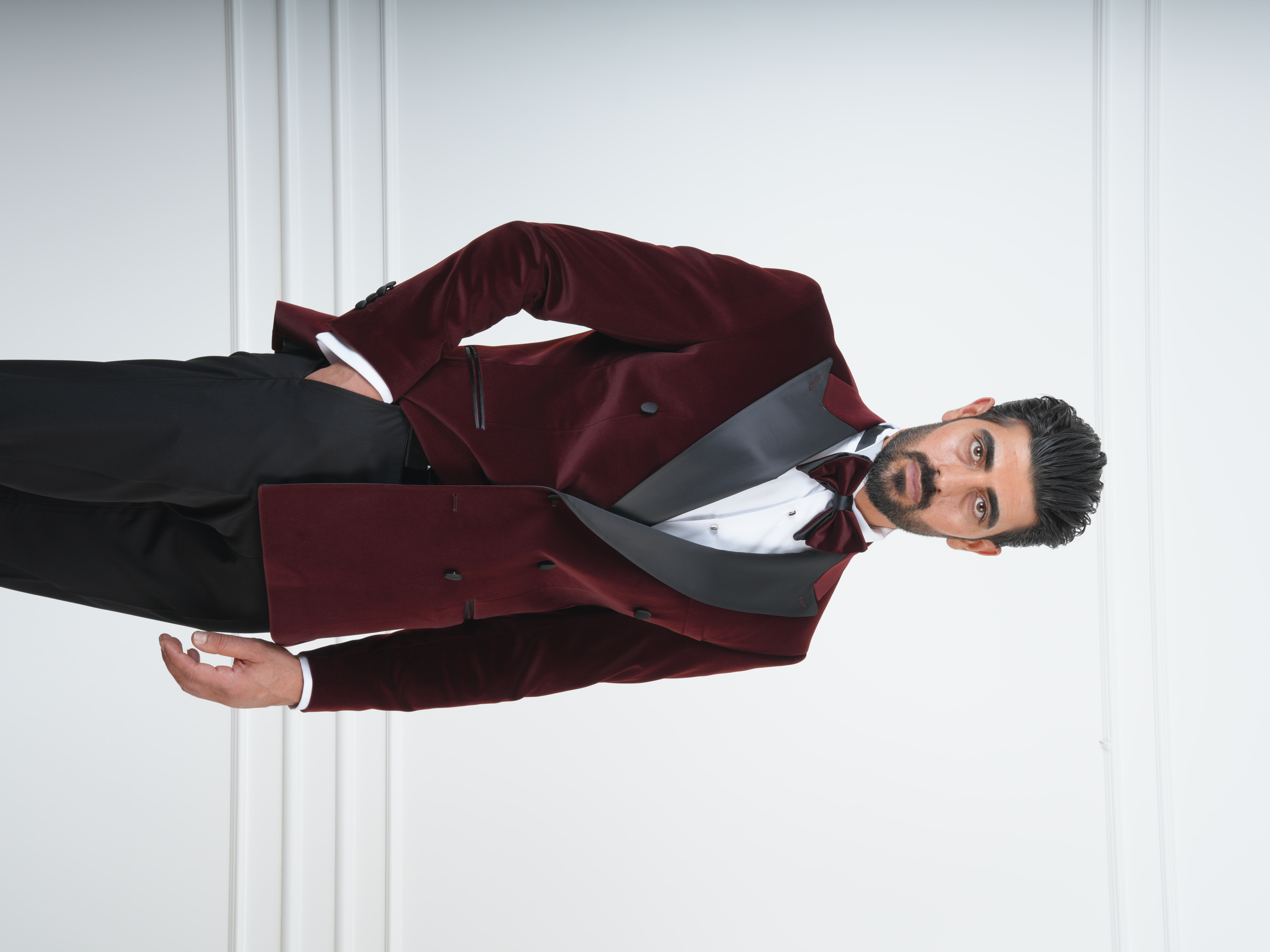 Erkek Premium Kadife Kruvaze Smokin Damatlık İtalyan Stil  Ceket Pantolon Papyon - Bordo