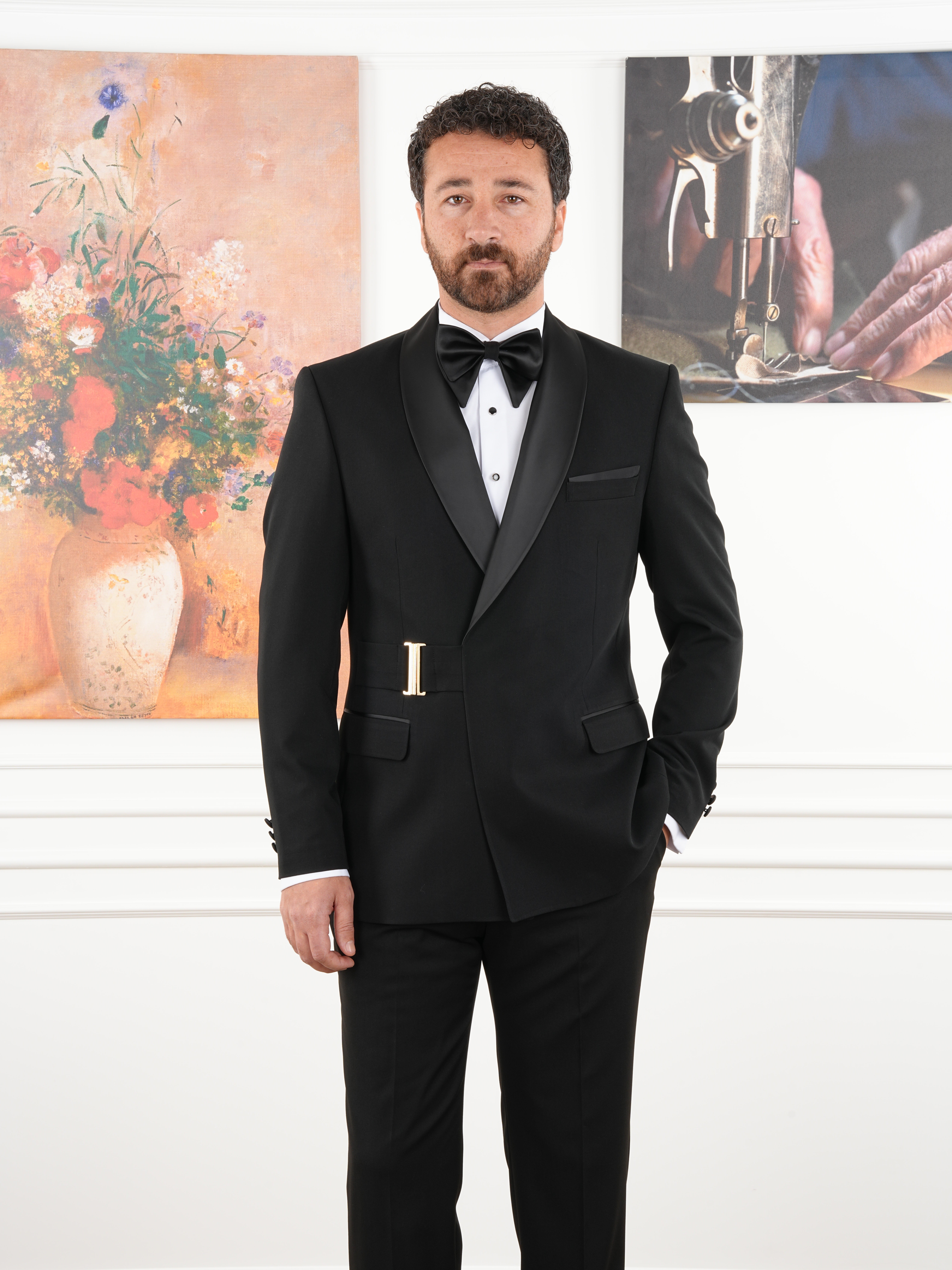 Erkek Kruvaze Tokalı Smokin Damatlık İtalyan Stil Ceket Pantolon Papyon - Siyah