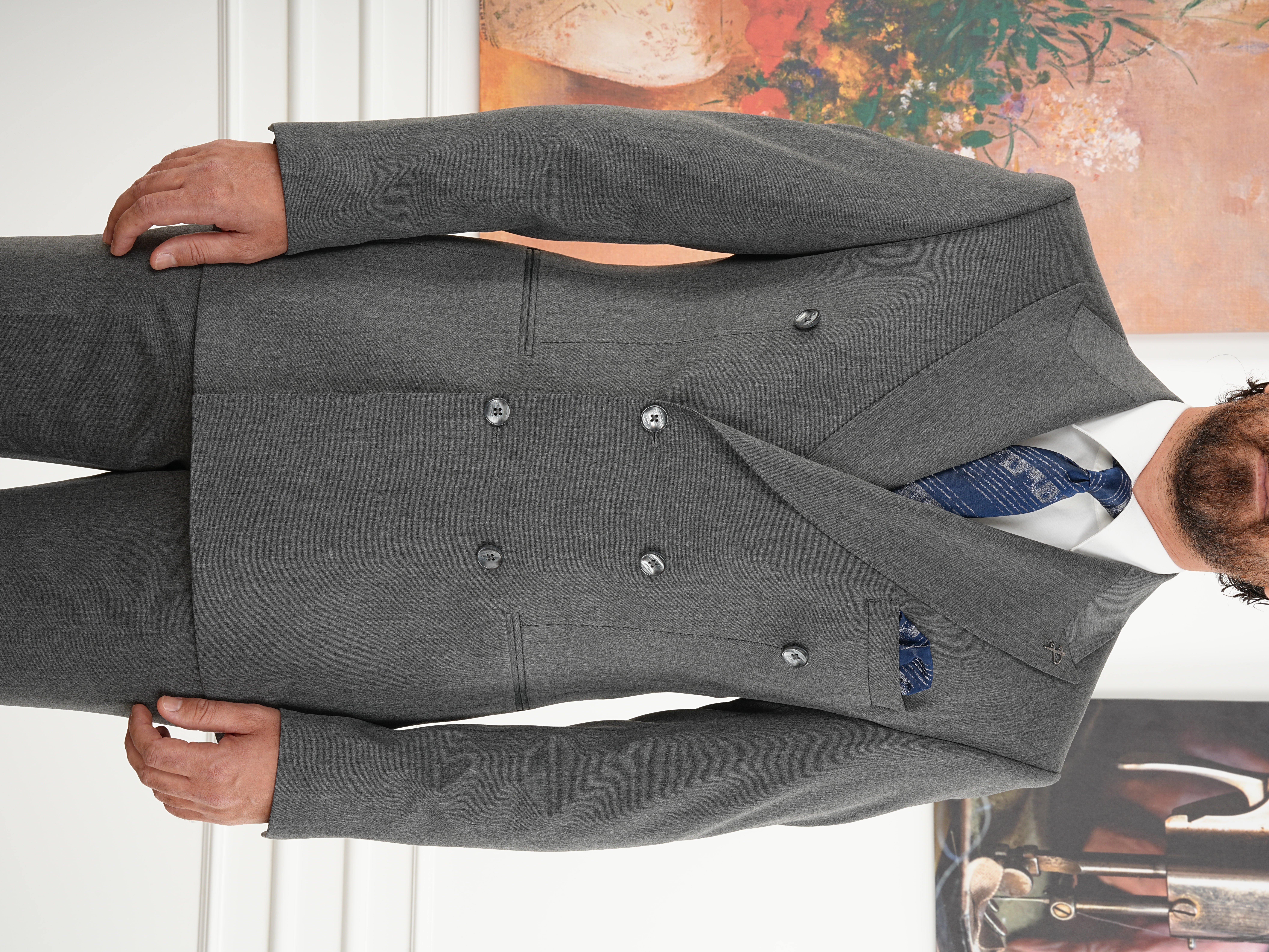 Erkek Slim Fit İtalyan Stil Kruvaze Takım Elbise Ceket Pantolon - Füme